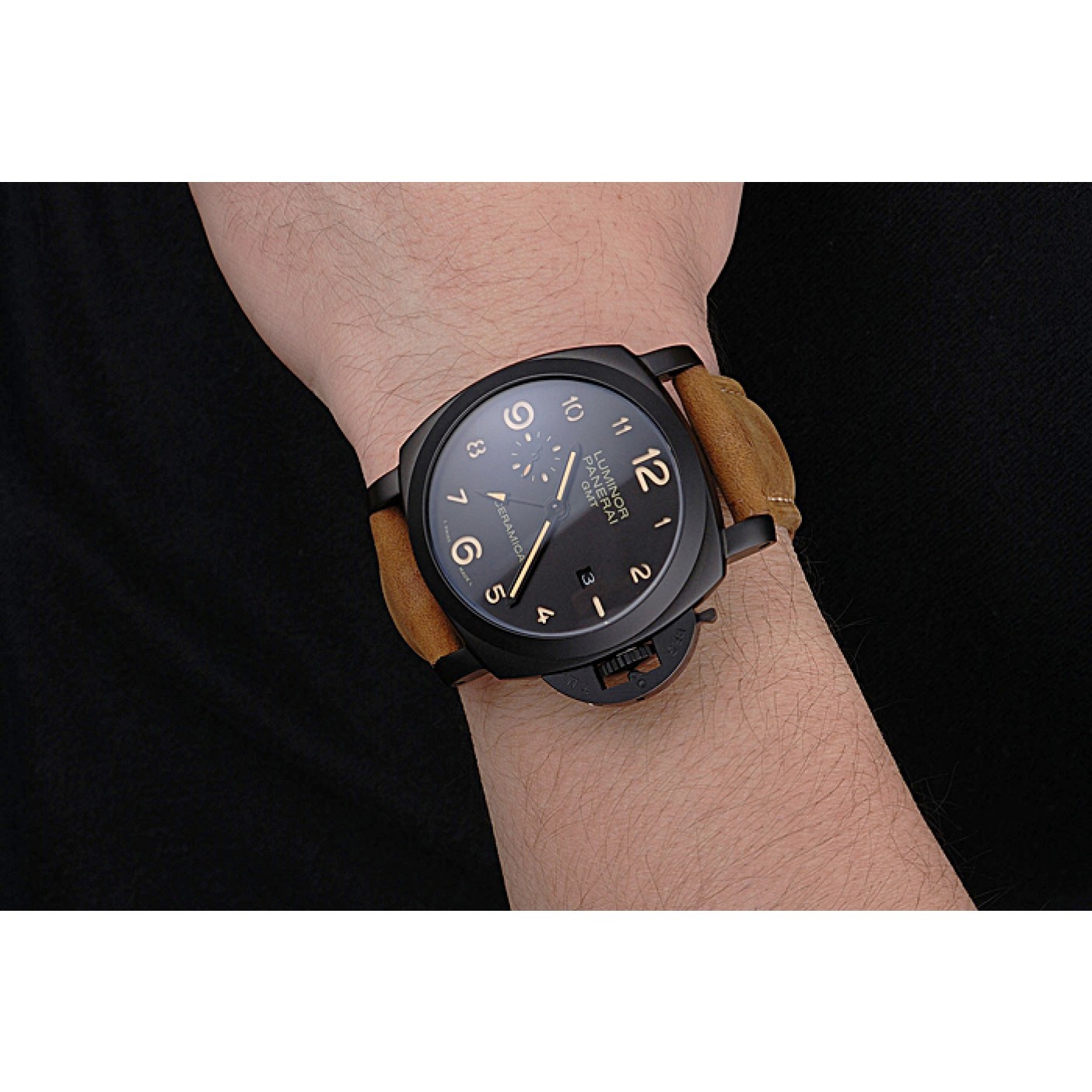 MiroTime Panerai Luminor 1950 GMT Ceramica Black Dial Matte Black Case Brown Suede Leather Strap
