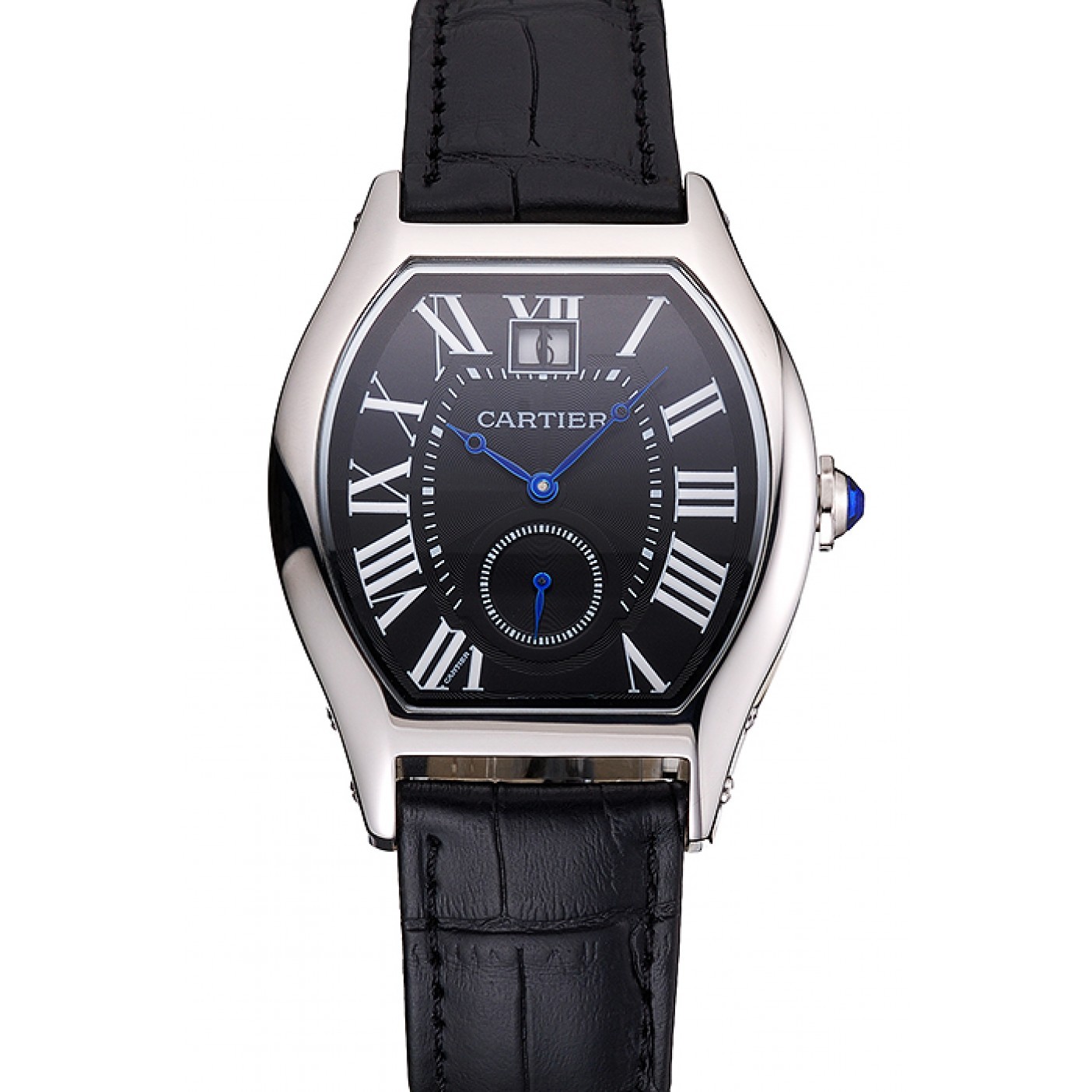 MiroTime Cartier Tortue Large Date Black Dial Stainless Steel Case Black Leather Strap