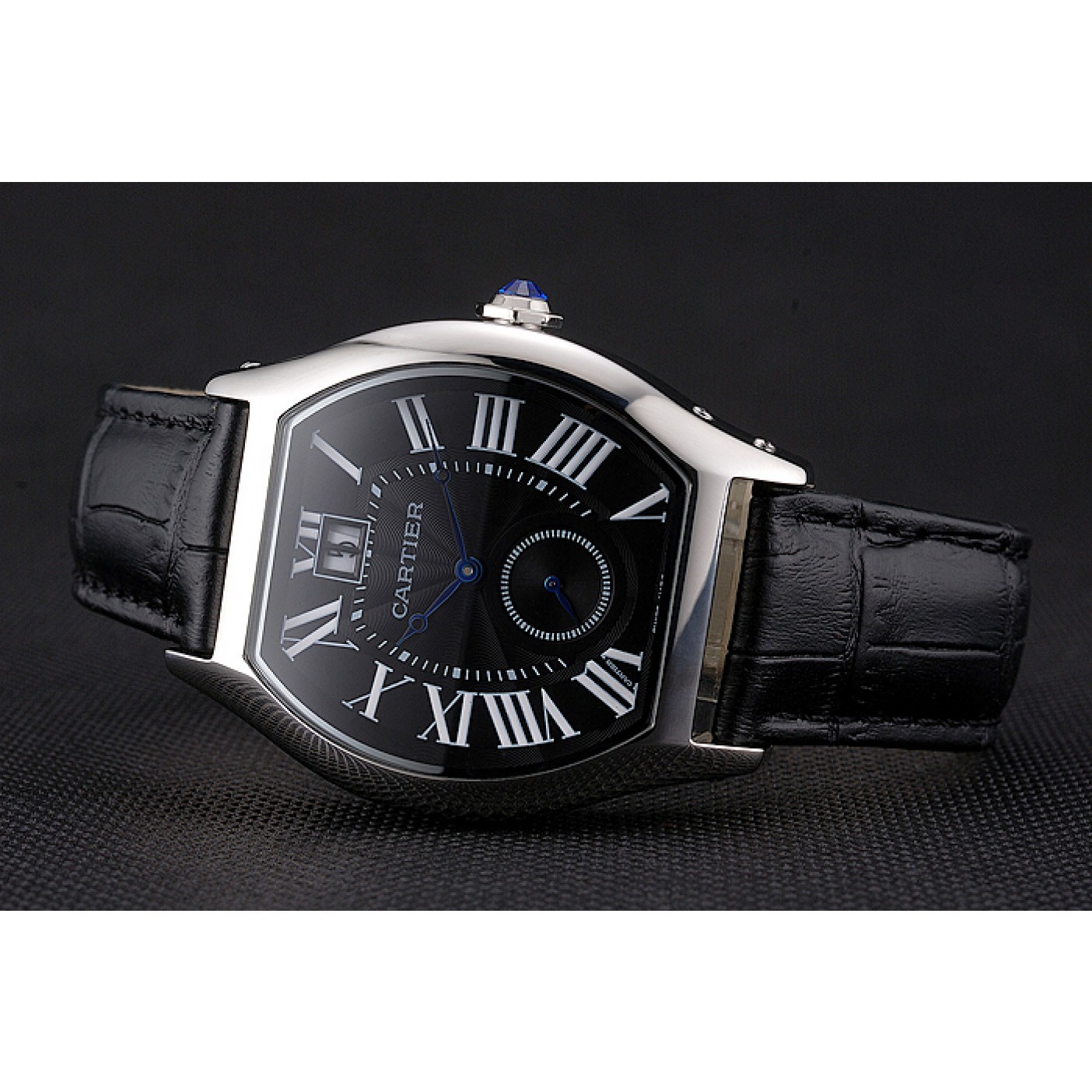 MiroTime Cartier Tortue Large Date Black Dial Stainless Steel Case Black Leather Strap
