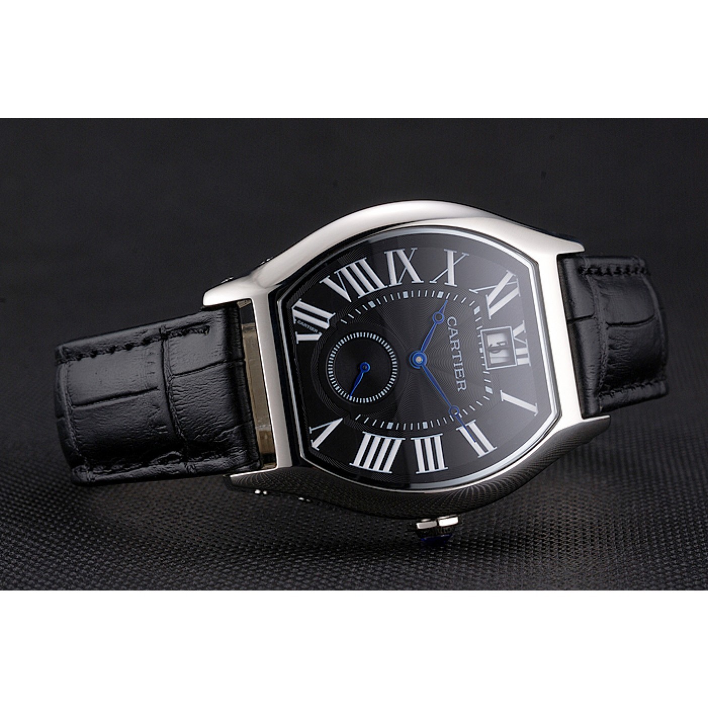 MiroTime Cartier Tortue Large Date Black Dial Stainless Steel Case Black Leather Strap