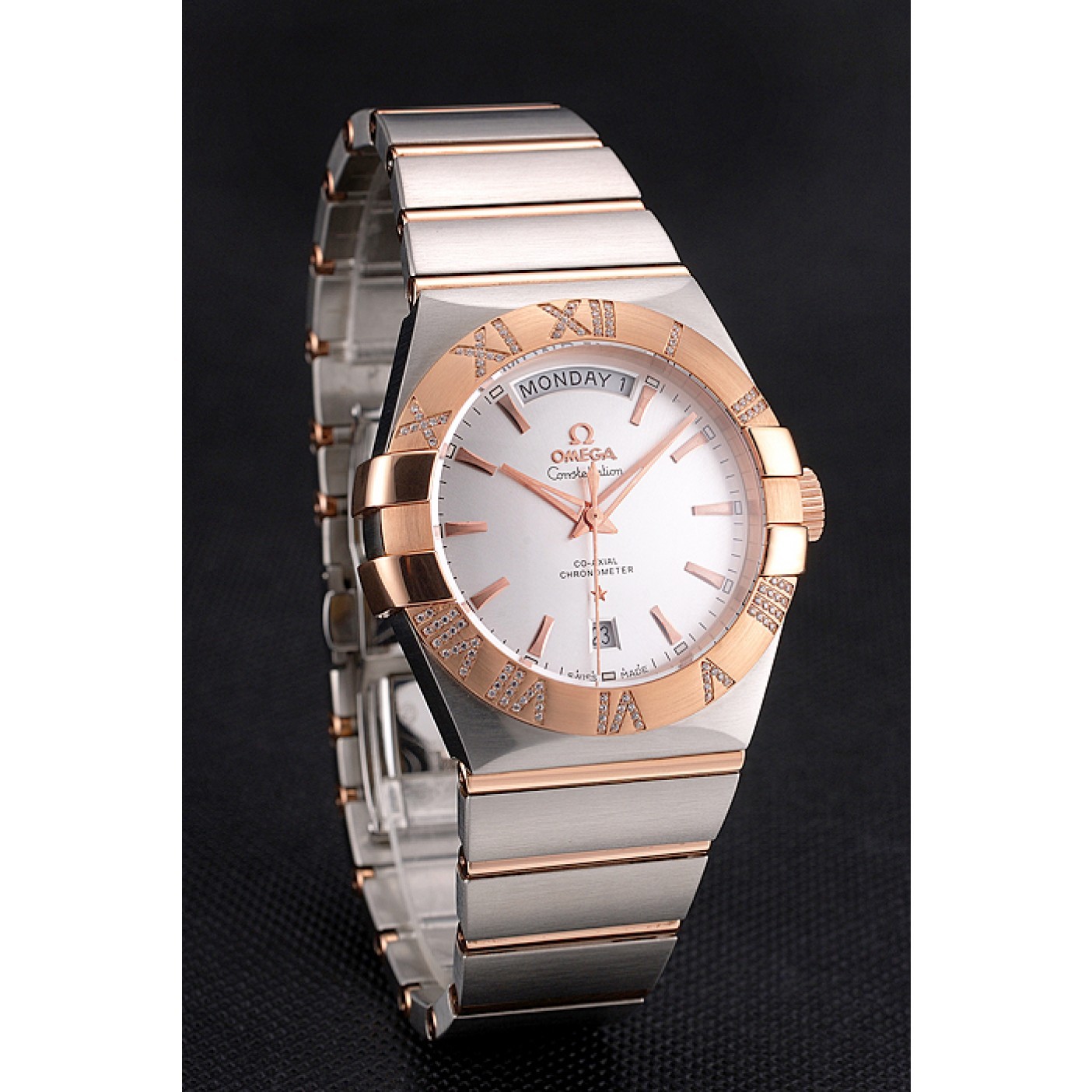 MiroTime Swiss Omega Constellation White Dial Stainless Steel Case Rose Gold Bezel Two Tone Bracelet