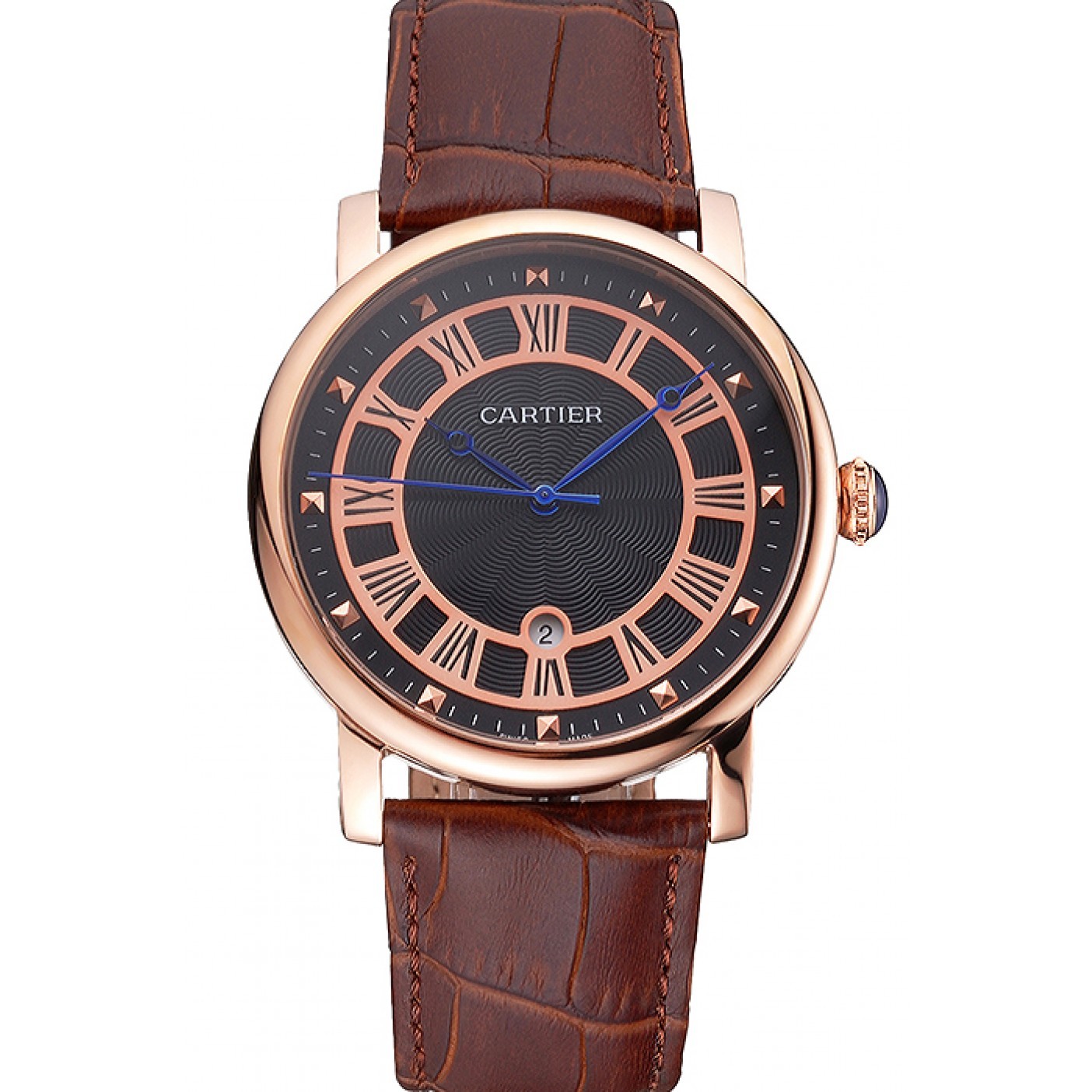 MiroTime Cartier Rotonde Date Black Dial Rose Gold Case Brown Leather Strap