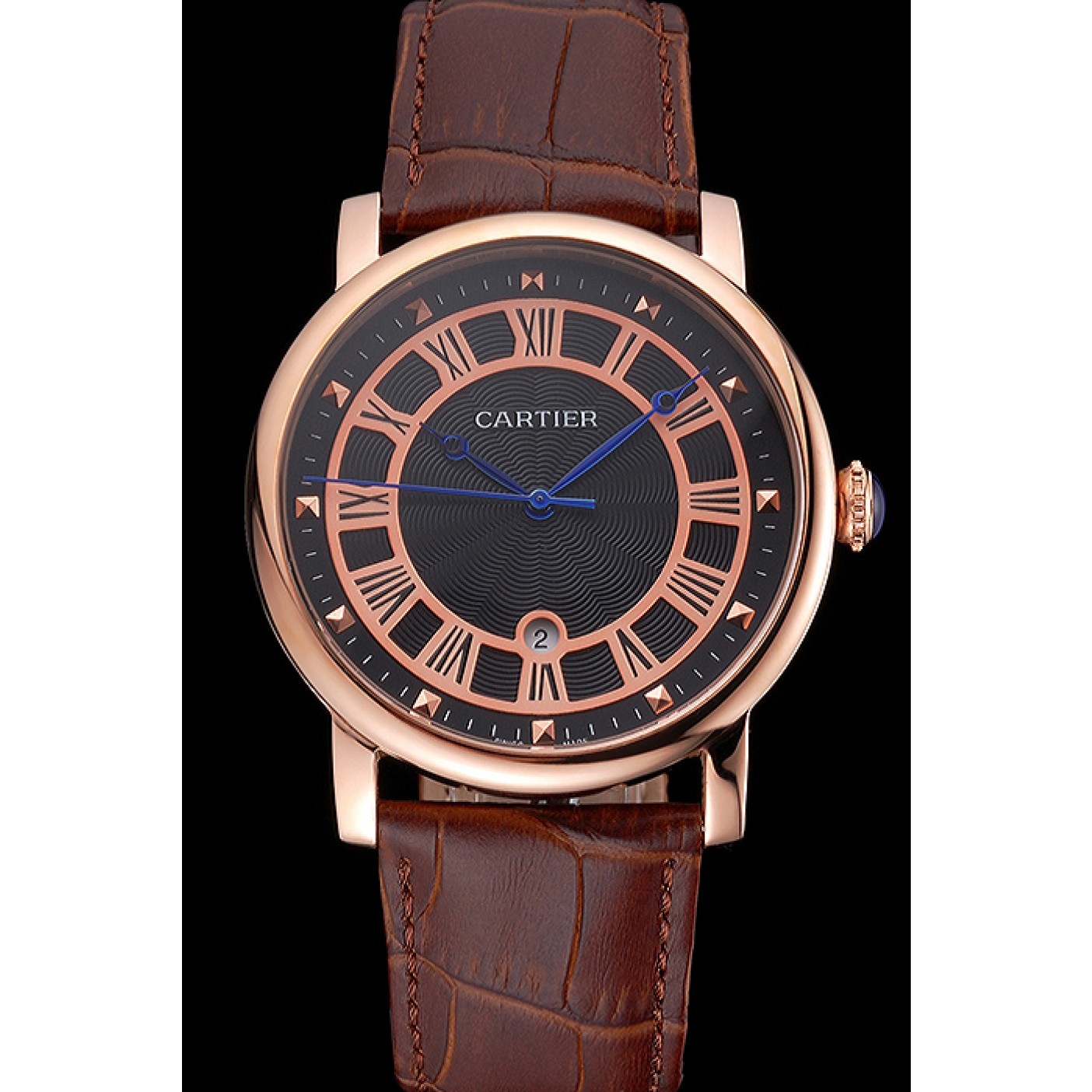 MiroTime Cartier Rotonde Date Black Dial Rose Gold Case Brown Leather Strap