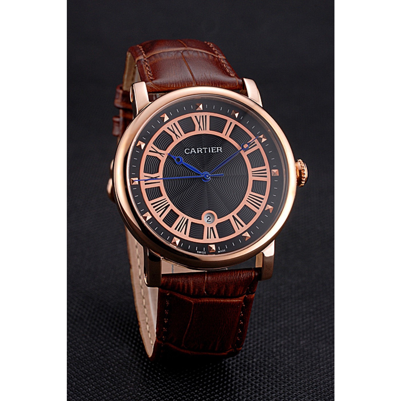 MiroTime Cartier Rotonde Date Black Dial Rose Gold Case Brown Leather Strap