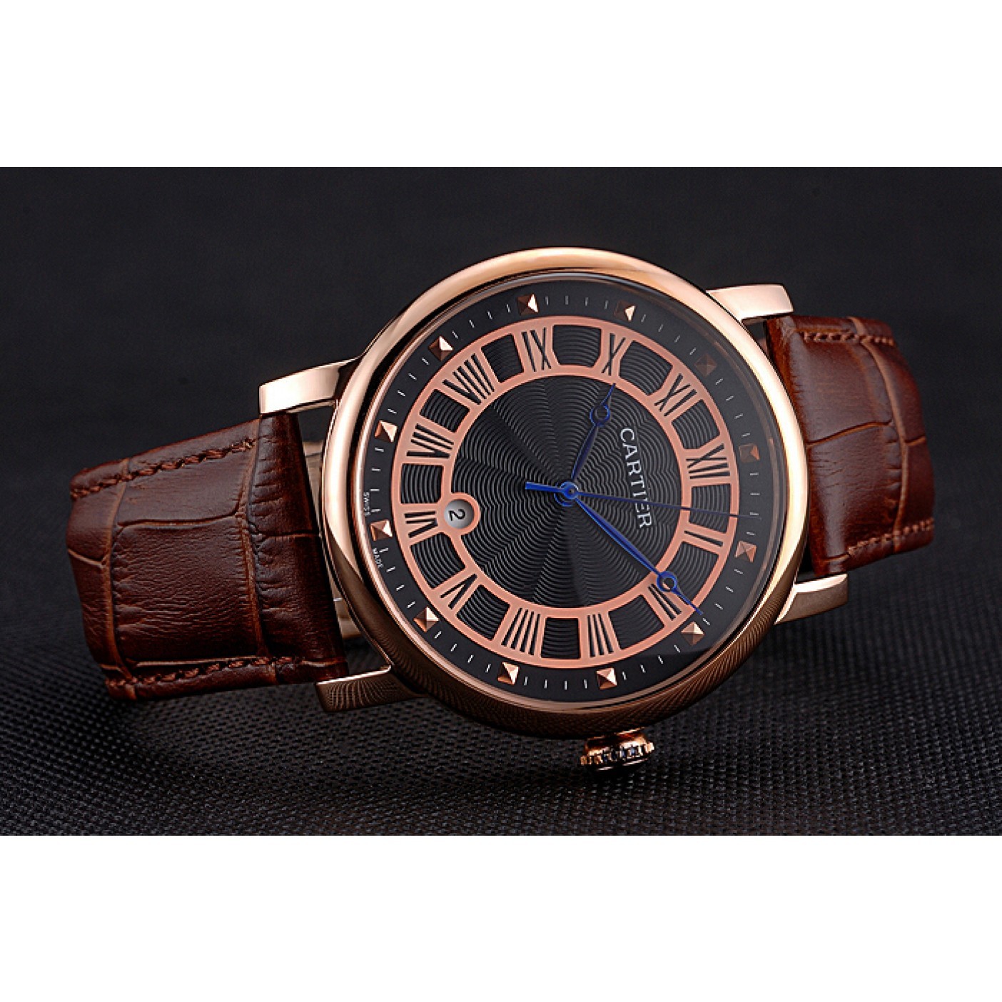 MiroTime Cartier Rotonde Date Black Dial Rose Gold Case Brown Leather Strap
