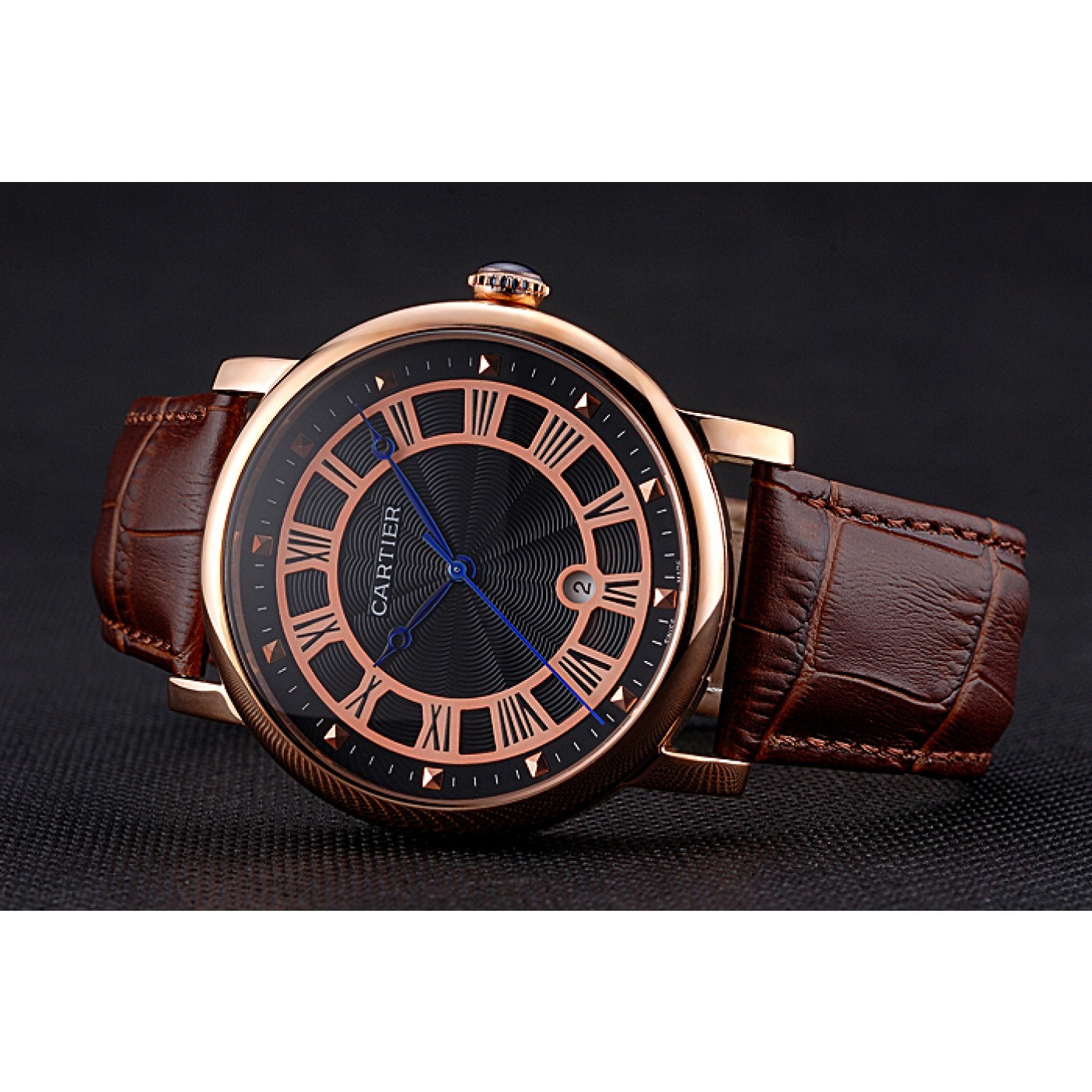 MiroTime Cartier Rotonde Date Black Dial Rose Gold Case Brown Leather Strap