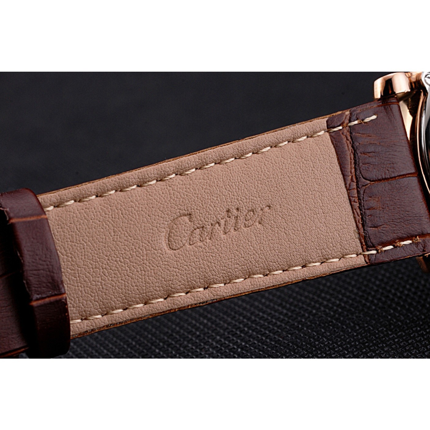 MiroTime Cartier Rotonde Date Black Dial Rose Gold Case Brown Leather Strap