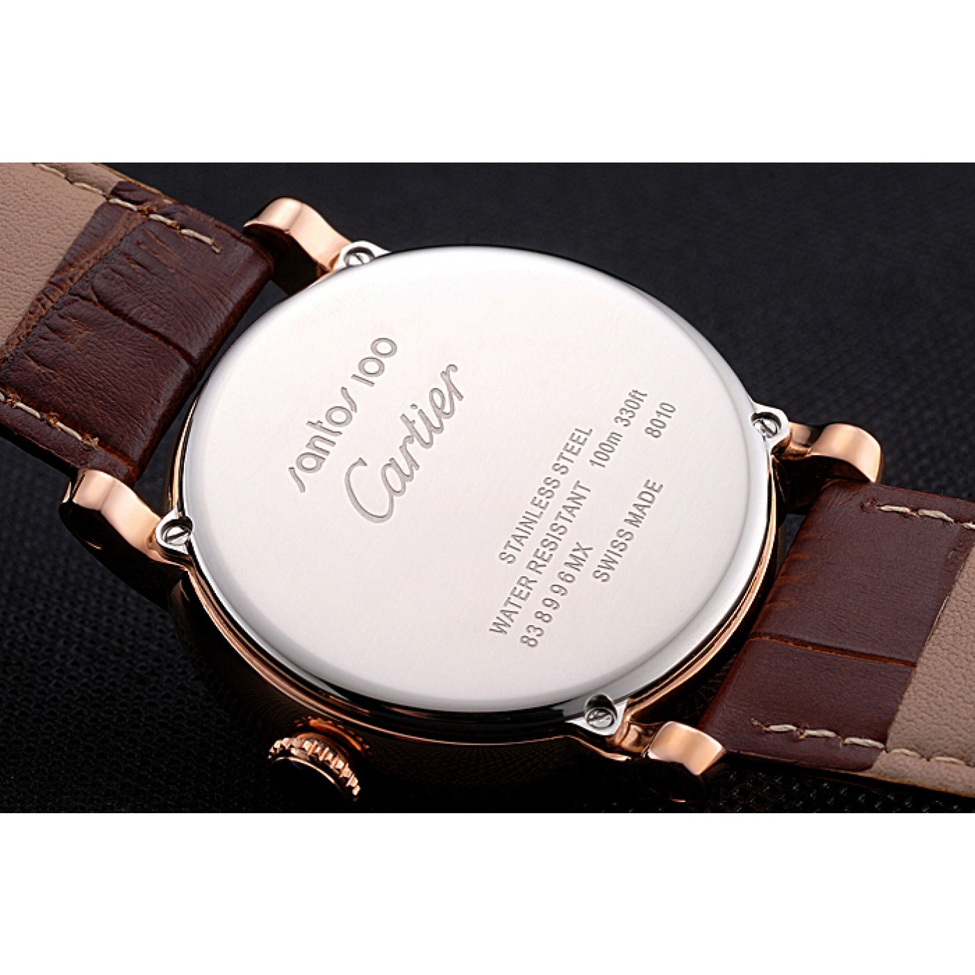 MiroTime Cartier Rotonde Date Black Dial Rose Gold Case Brown Leather Strap