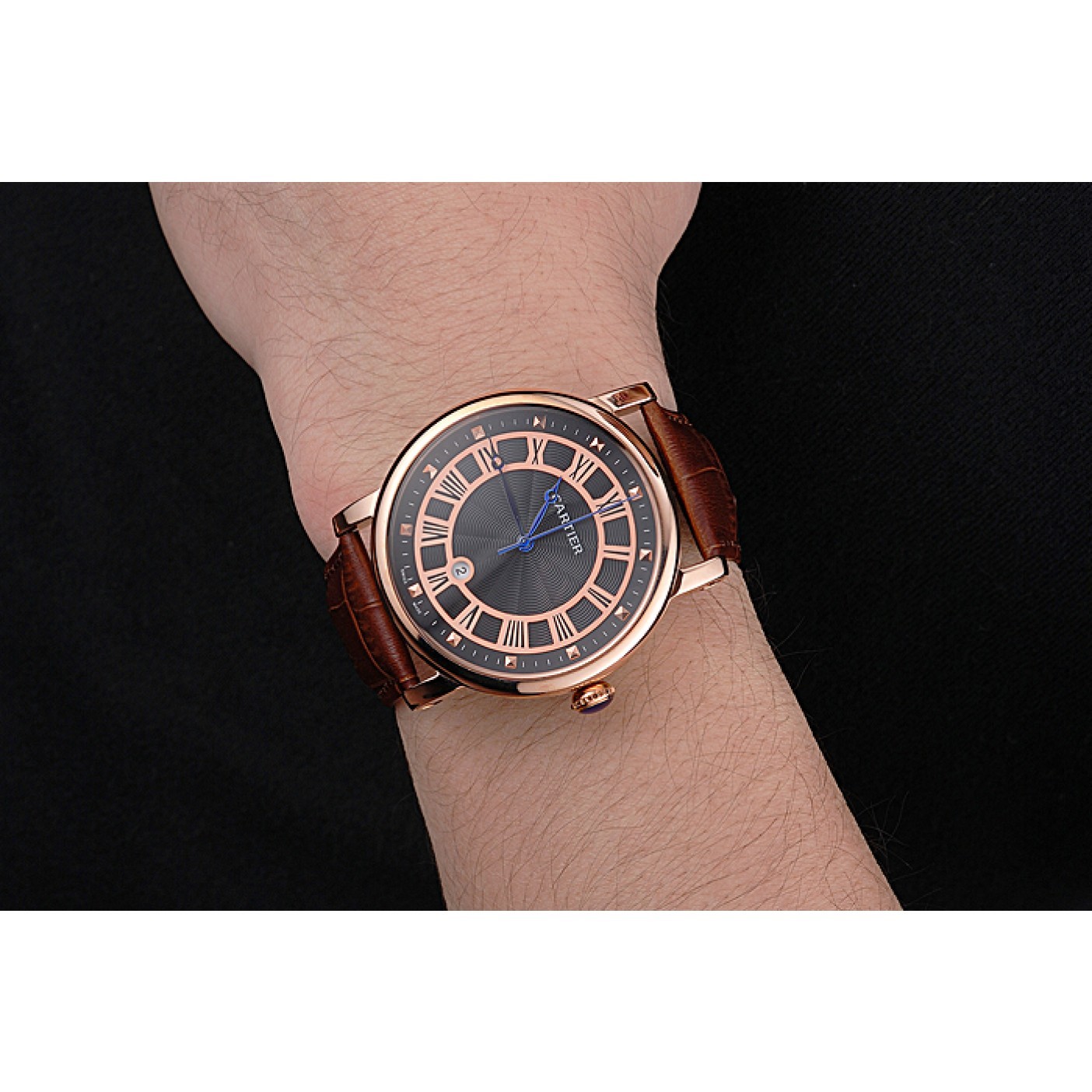 MiroTime Cartier Rotonde Date Black Dial Rose Gold Case Brown Leather Strap