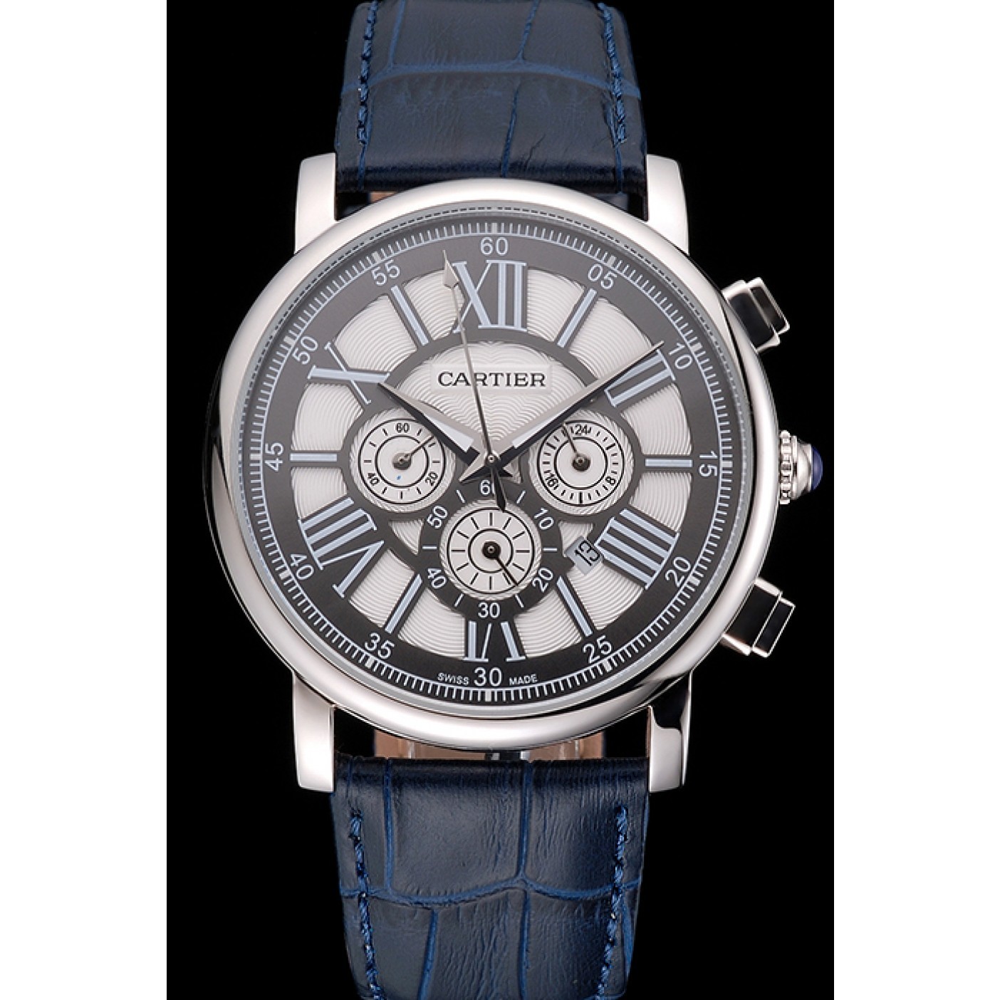 MiroTime Cartier Rotonde Chronograph Black And White Dial Stainless Steel Case Blue Leather Strap