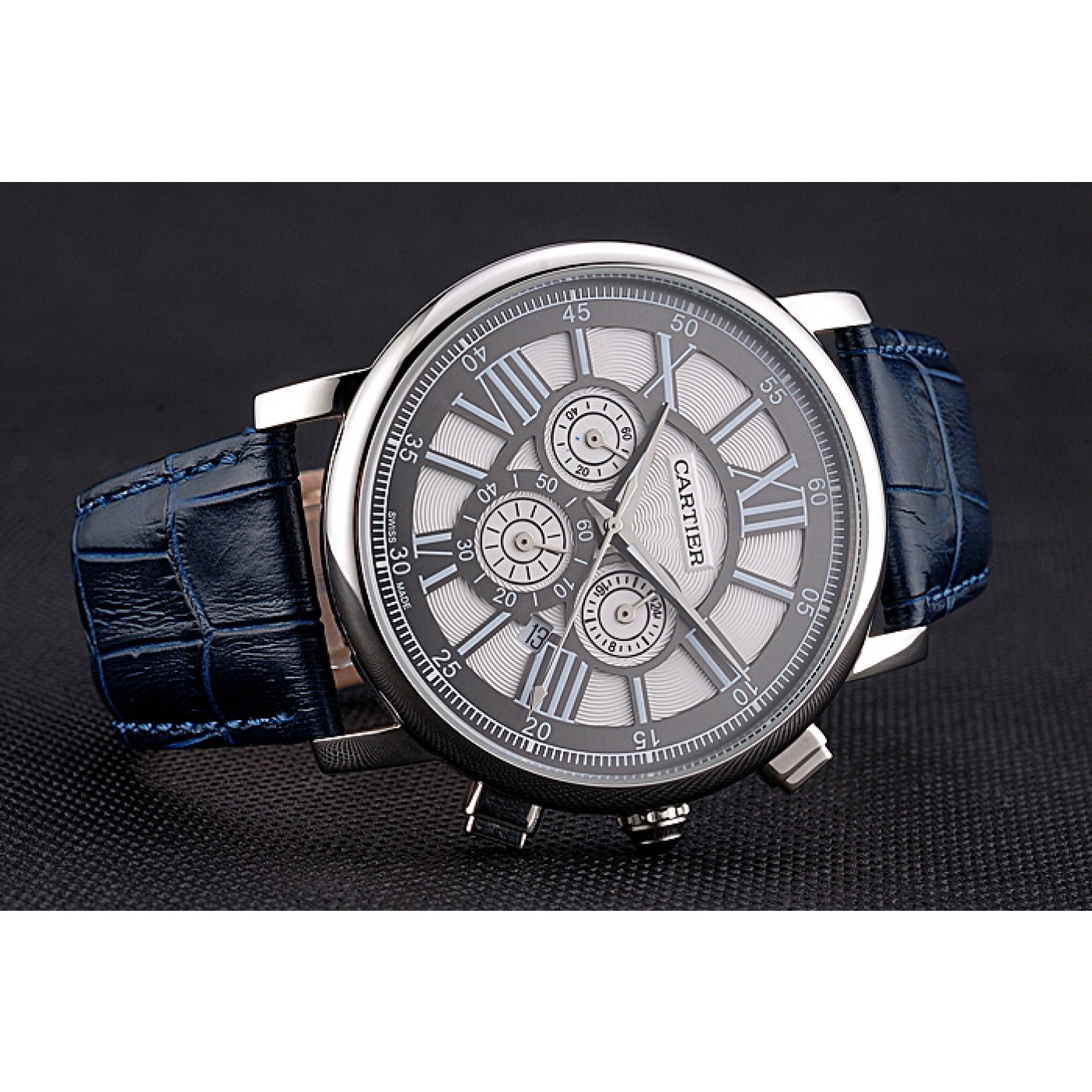 MiroTime Cartier Rotonde Chronograph Black And White Dial Stainless Steel Case Blue Leather Strap