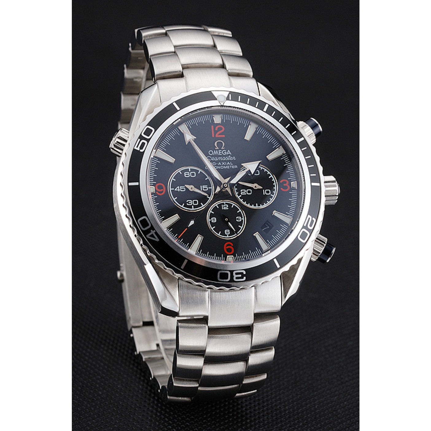 MiroTime Swiss Omega Seamaster Chronograph Black Dial Black Bezel Stainless Steel Case And Bracelet