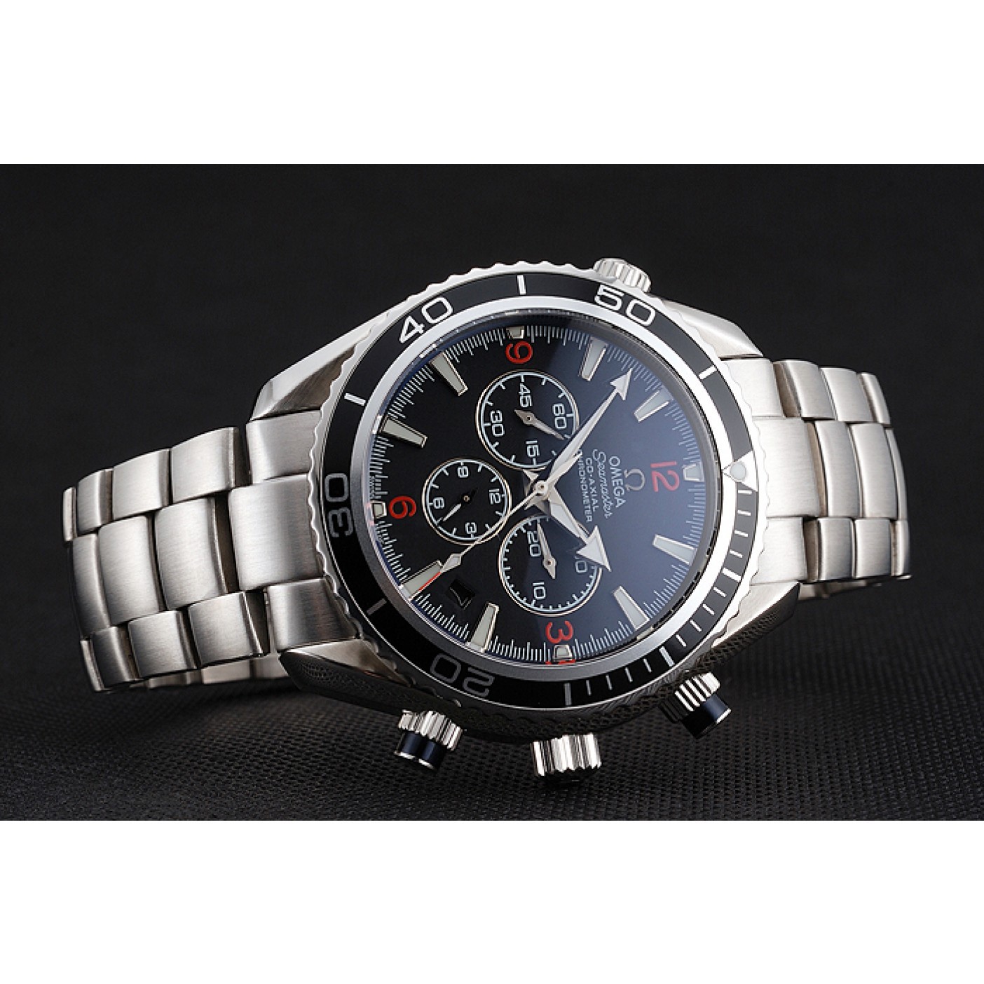 MiroTime Swiss Omega Seamaster Chronograph Black Dial Black Bezel Stainless Steel Case And Bracelet