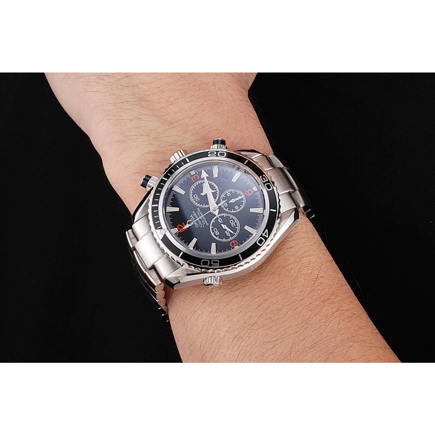 MiroTime Swiss Omega Seamaster Chronograph Black Dial Black Bezel Stainless Steel Case And Bracelet