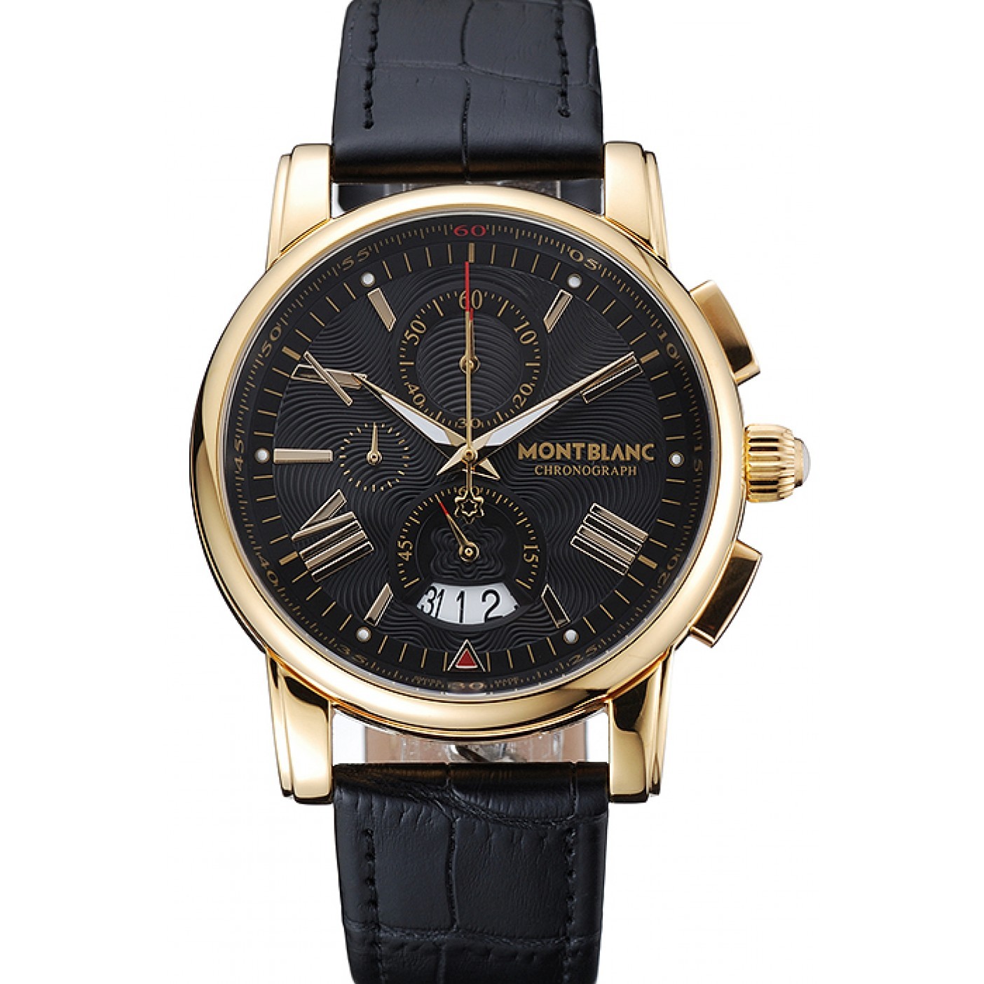 MiroTime Montblanc Chronograph Black Dial Black Leather Bracelet Gold Case 1454112