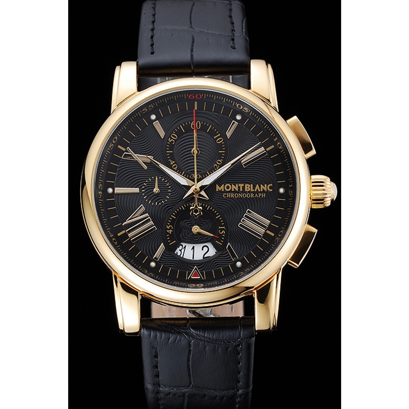 MiroTime Montblanc Chronograph Black Dial Black Leather Bracelet Gold Case 1454112