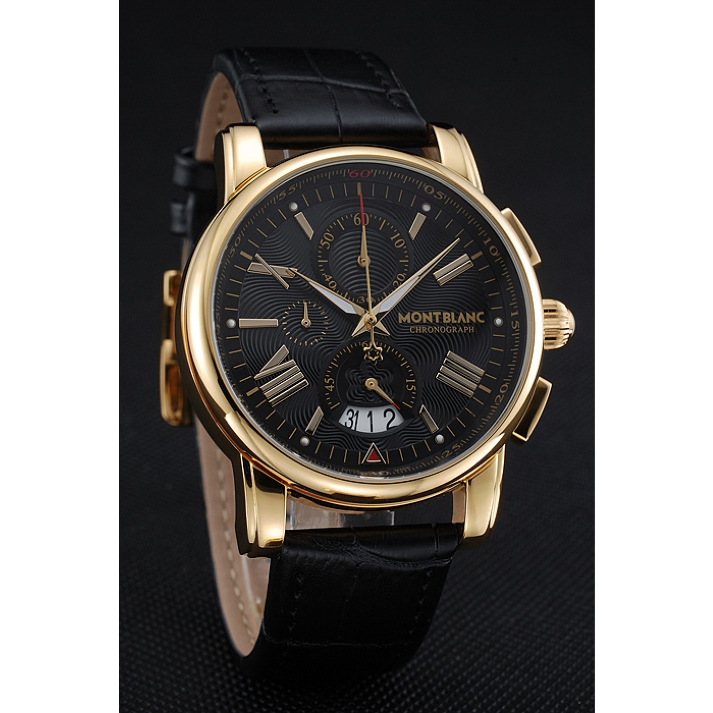 MiroTime Montblanc Chronograph Black Dial Black Leather Bracelet Gold Case 1454112