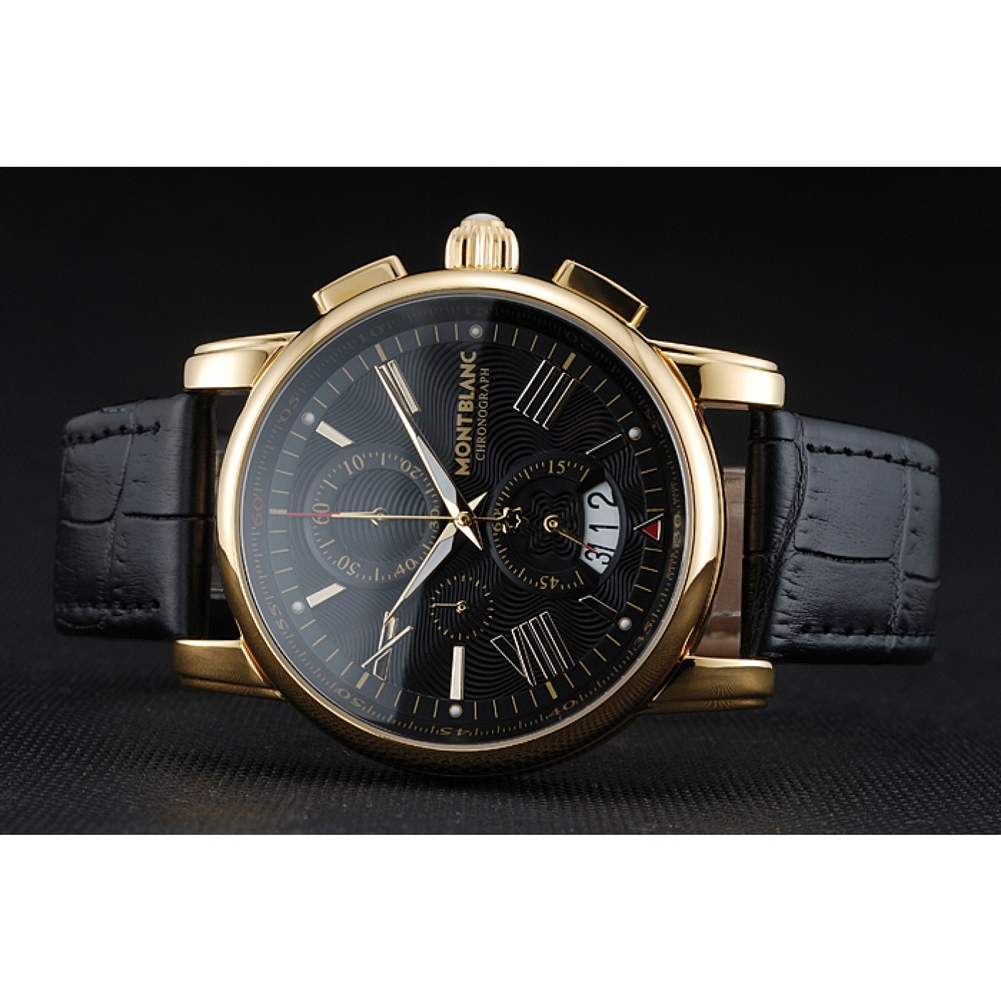 MiroTime Montblanc Chronograph Black Dial Black Leather Bracelet Gold Case 1454112