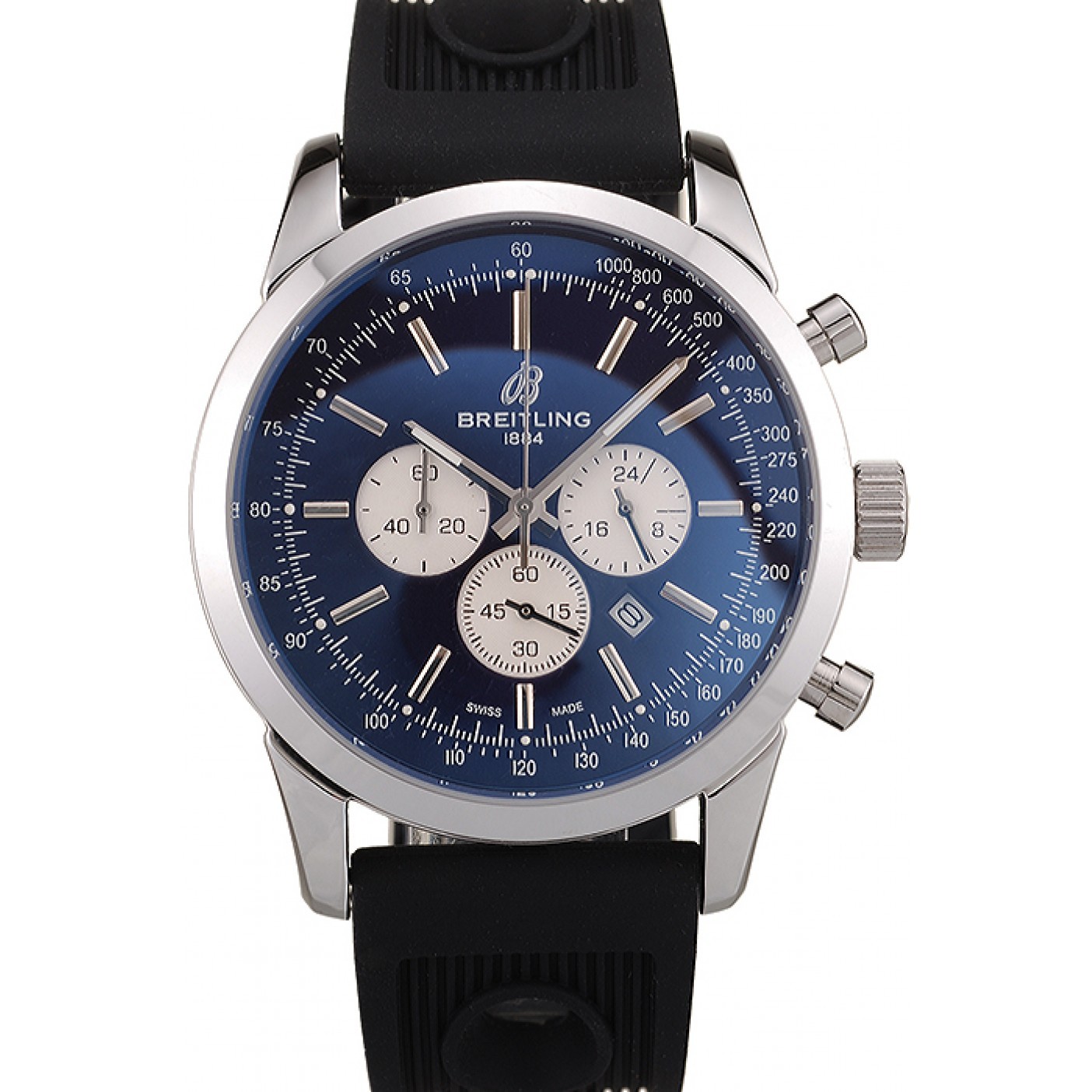 MiroTime Breitling Transocean Black Dial Black Rubber Strap Polished Stainless Steel Bezel