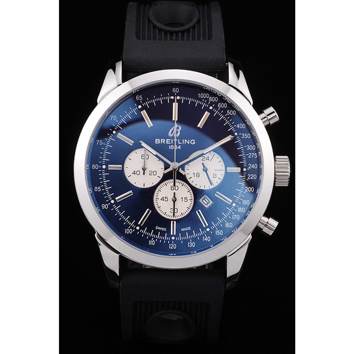 MiroTime Breitling Transocean Black Dial Black Rubber Strap Polished Stainless Steel Bezel