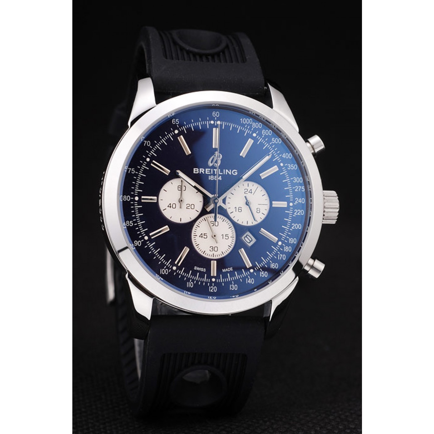 MiroTime Breitling Transocean Black Dial Black Rubber Strap Polished Stainless Steel Bezel