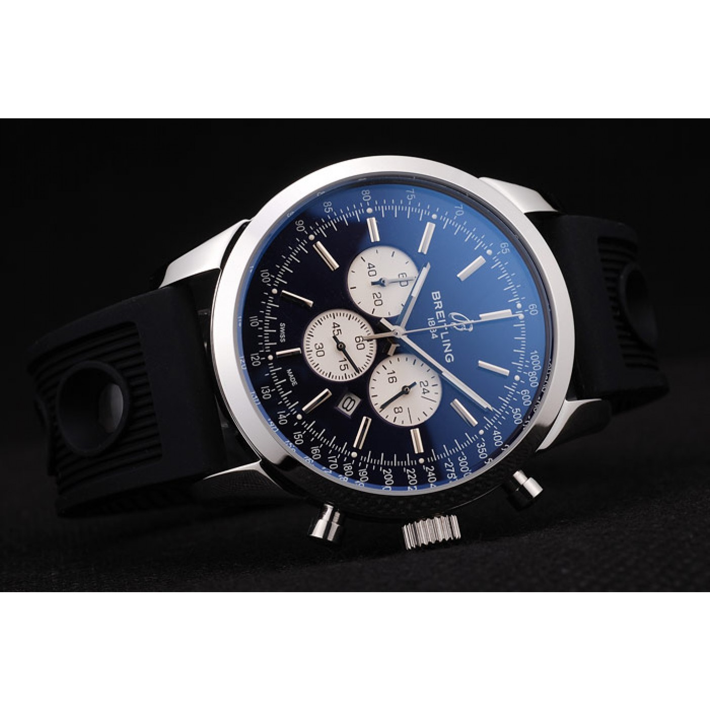 MiroTime Breitling Transocean Black Dial Black Rubber Strap Polished Stainless Steel Bezel