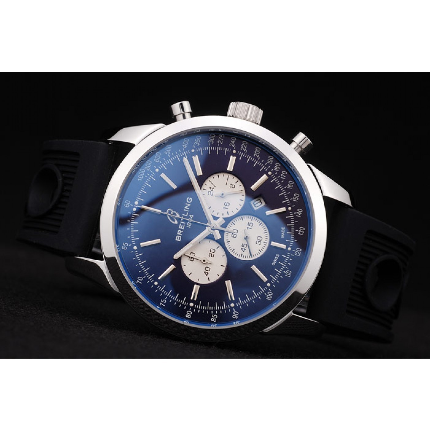MiroTime Breitling Transocean Black Dial Black Rubber Strap Polished Stainless Steel Bezel