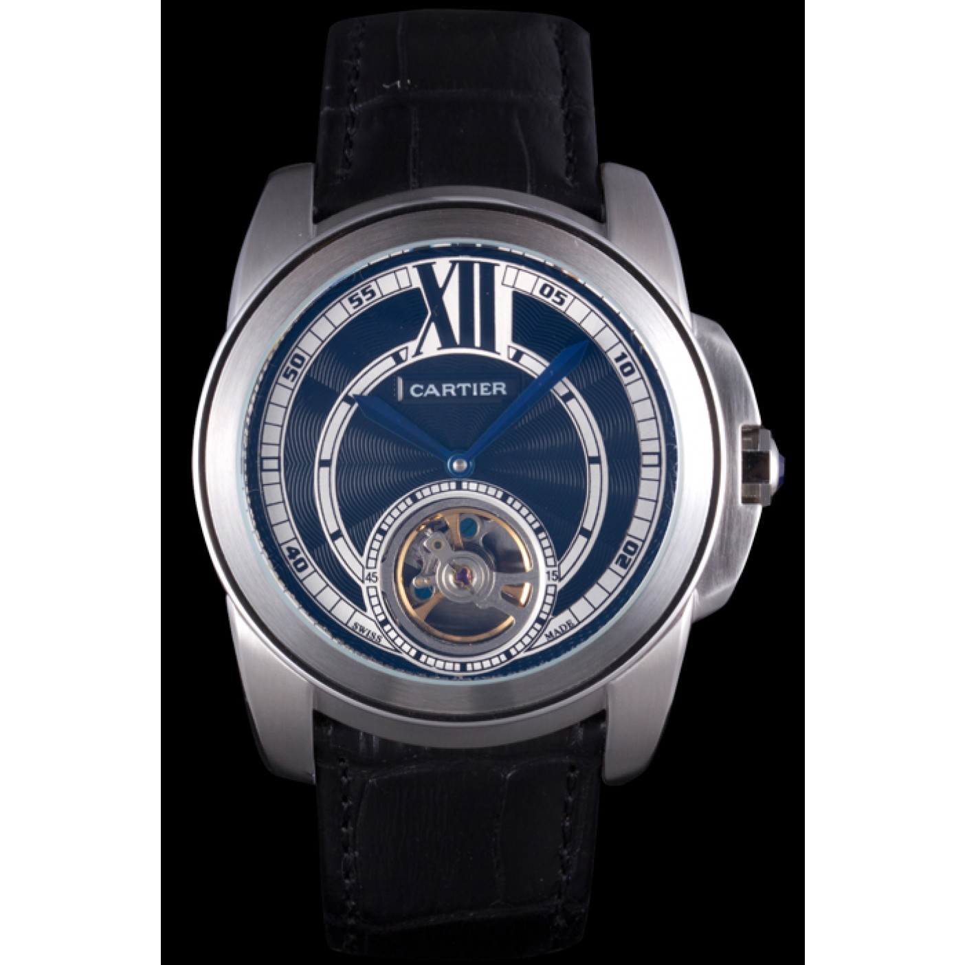 MiroTime Cartier Calibre Flying Tourbillon Black Dial Stainless Steel Case Black Leather Bracelet