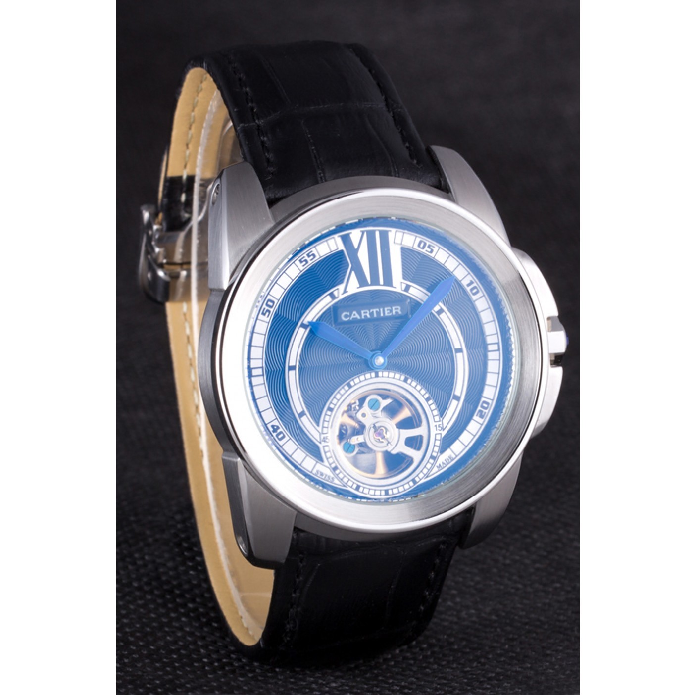 MiroTime Cartier Calibre Flying Tourbillon Black Dial Stainless Steel Case Black Leather Bracelet