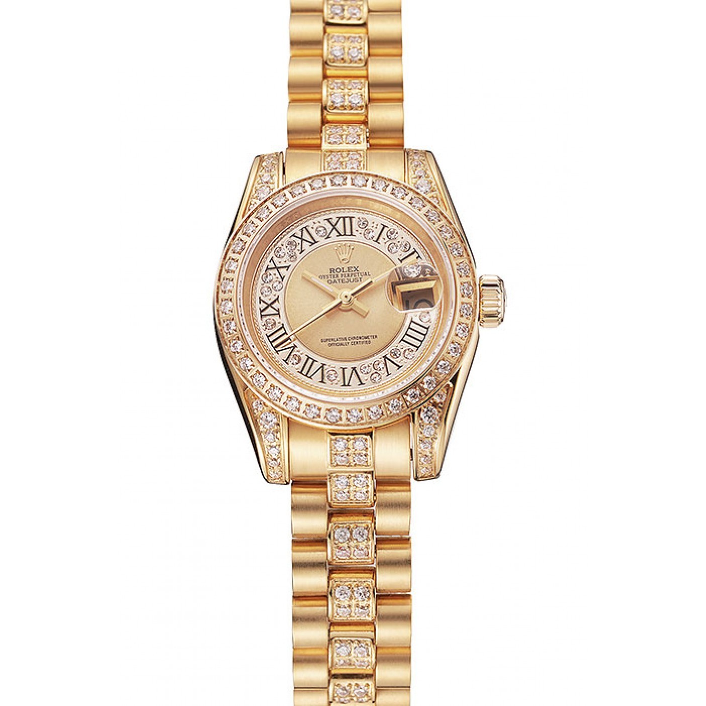 MiroTime Swiss Rolex DayJust Diamond Pave Gold Dial Gold Diamond Bracelet 1453953
