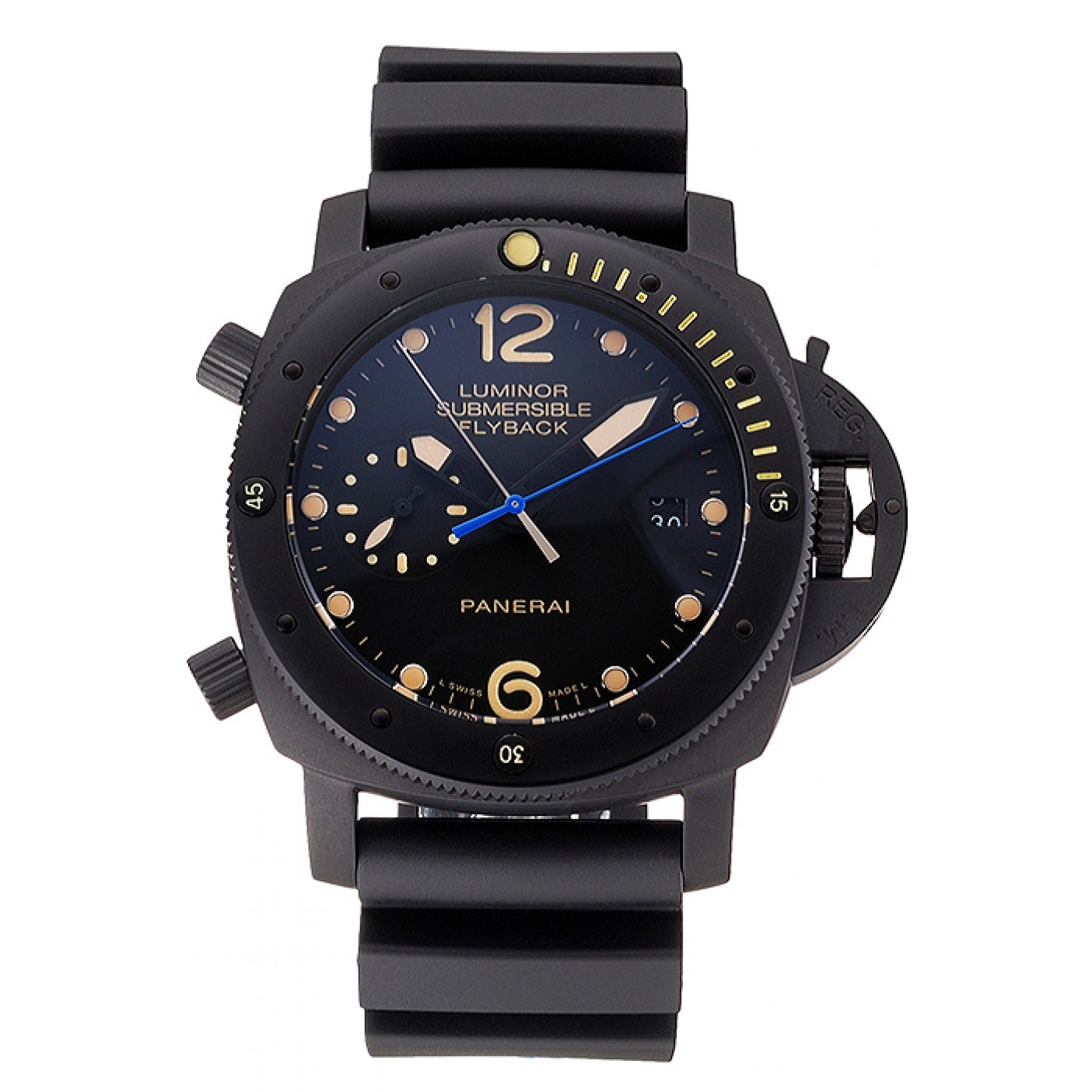 MiroTime Panerai Luminor Submersible Flyback Date Black Dial Yellow Markings Black Ionized Case Black Rubber Strap