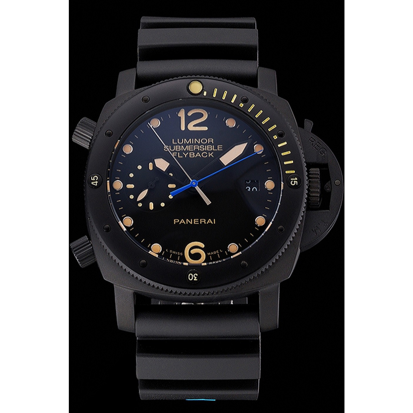 MiroTime Panerai Luminor Submersible Flyback Date Black Dial Yellow Markings Black Ionized Case Black Rubber Strap
