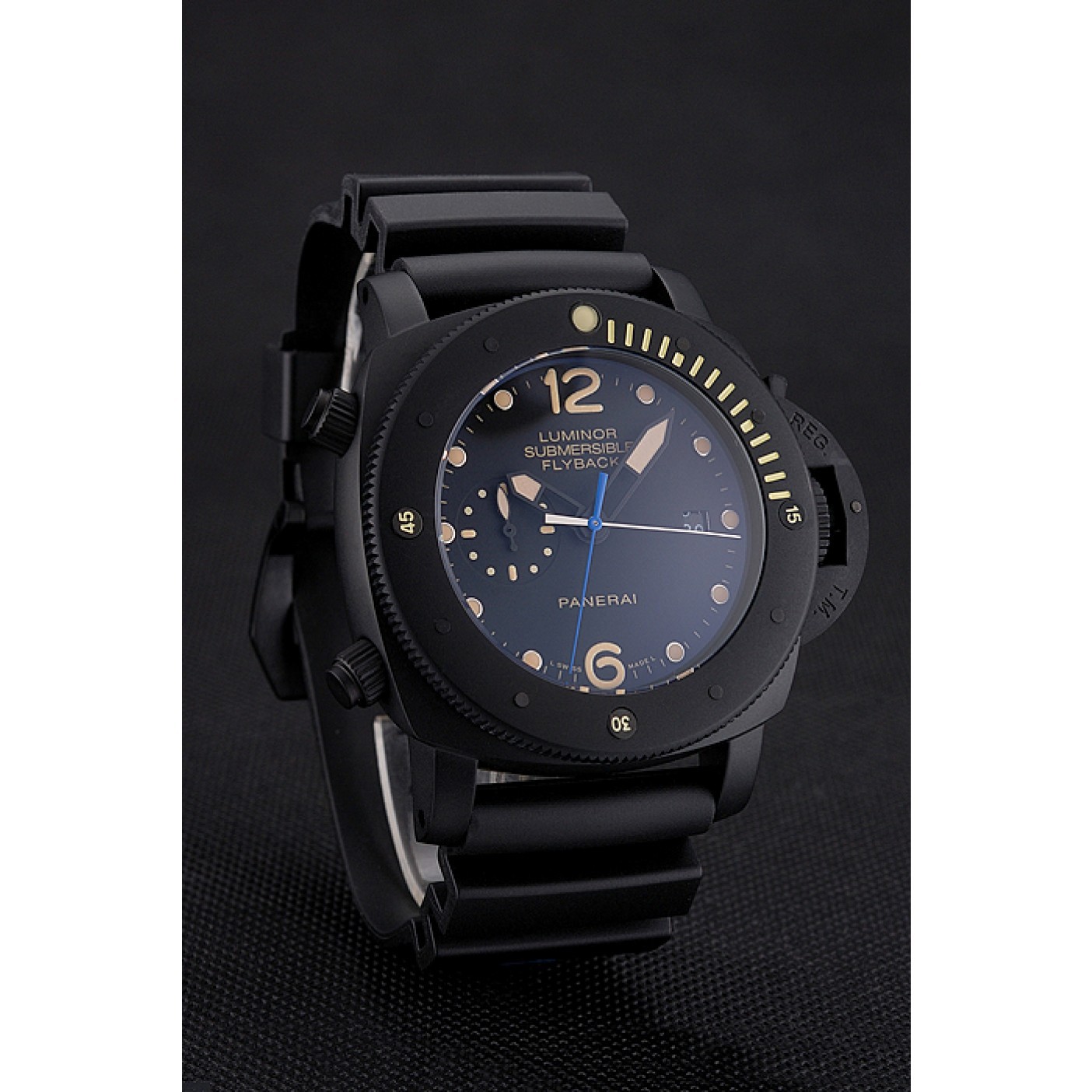 MiroTime Panerai Luminor Submersible Flyback Date Black Dial Yellow Markings Black Ionized Case Black Rubber Strap