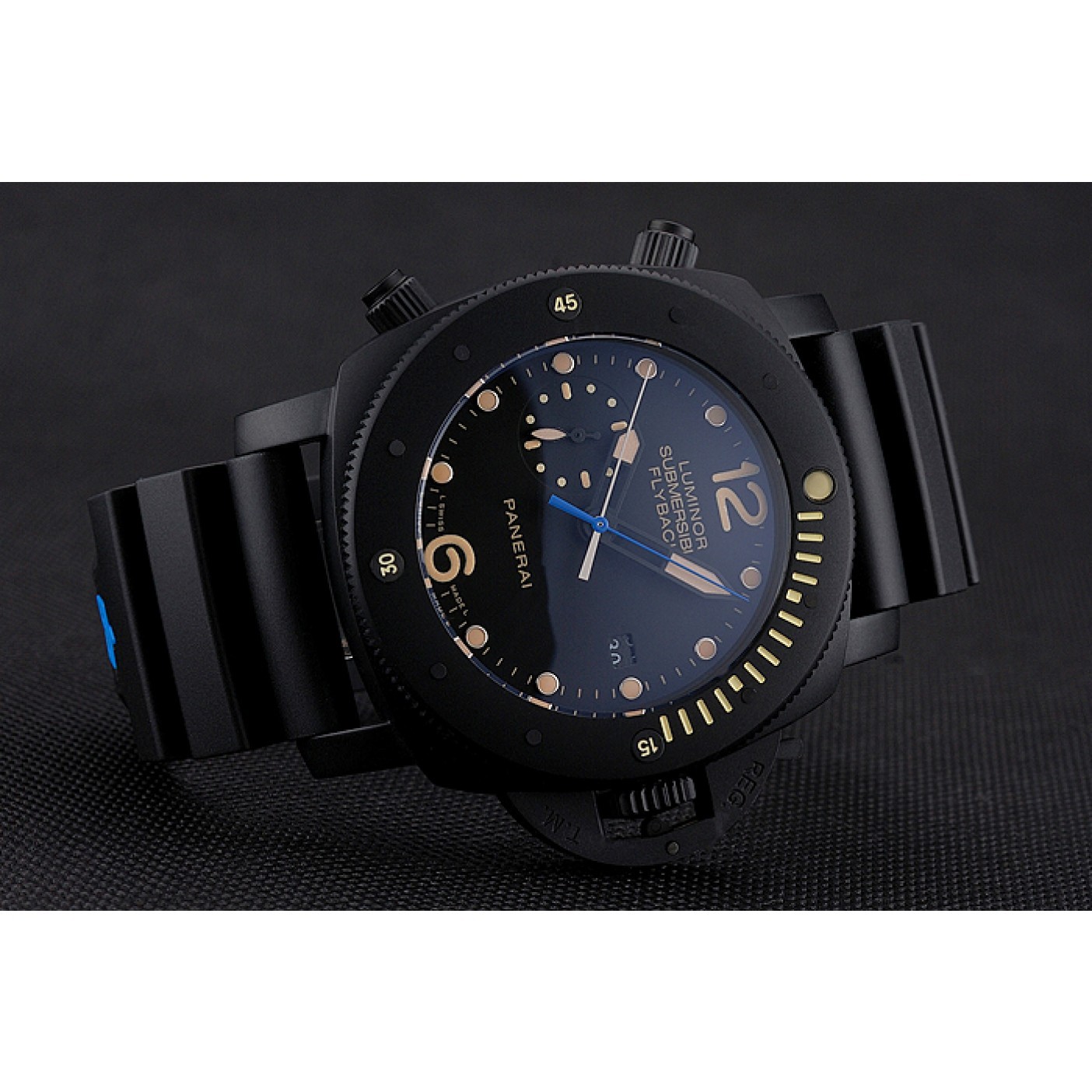 MiroTime Panerai Luminor Submersible Flyback Date Black Dial Yellow Markings Black Ionized Case Black Rubber Strap