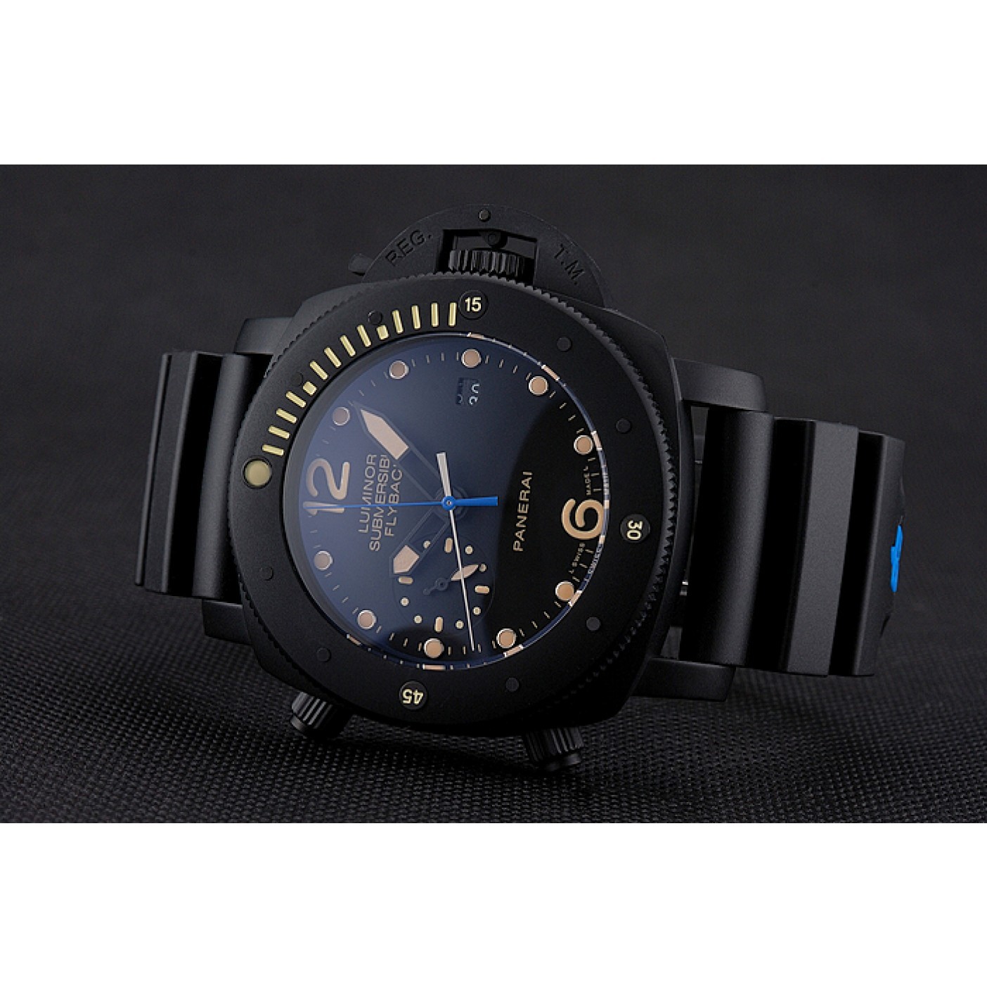 MiroTime Panerai Luminor Submersible Flyback Date Black Dial Yellow Markings Black Ionized Case Black Rubber Strap