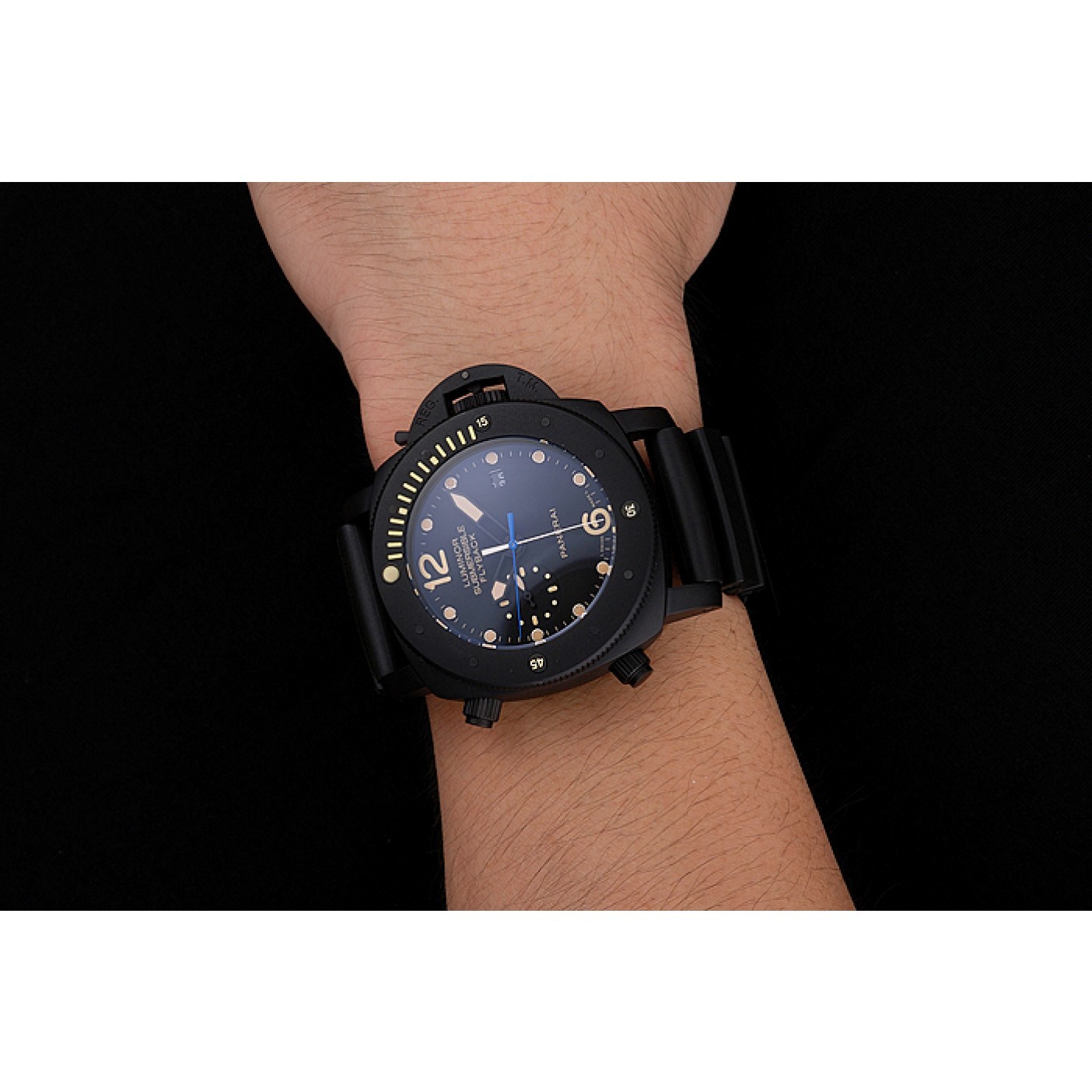 MiroTime Panerai Luminor Submersible Flyback Date Black Dial Yellow Markings Black Ionized Case Black Rubber Strap