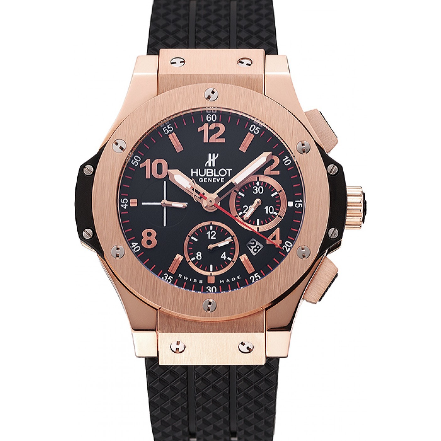 MiroTime Swiss Hublot Big Bang Black Dial Rose Gold Case Black Rubber Bracelet 1453898