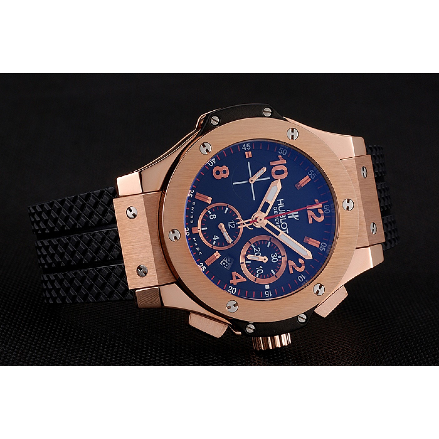 MiroTime Swiss Hublot Big Bang Black Dial Rose Gold Case Black Rubber Bracelet 1453898