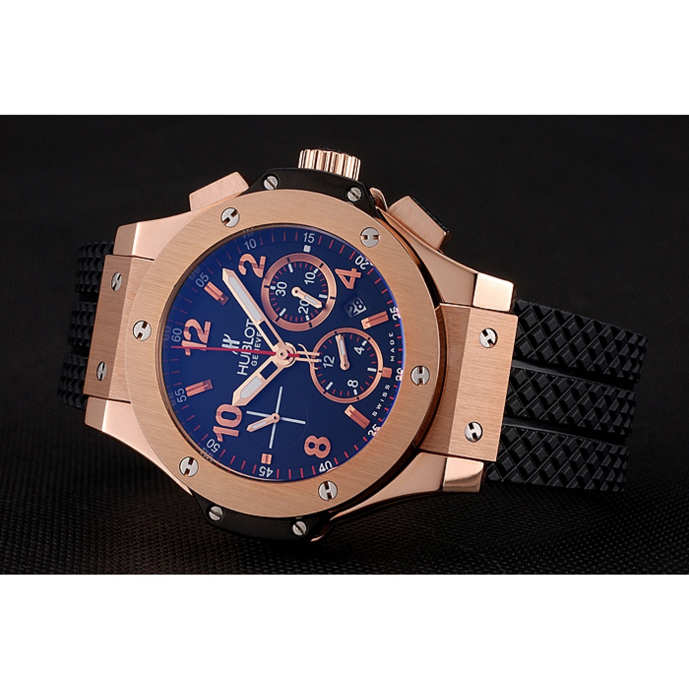 MiroTime Swiss Hublot Big Bang Black Dial Rose Gold Case Black Rubber Bracelet 1453898