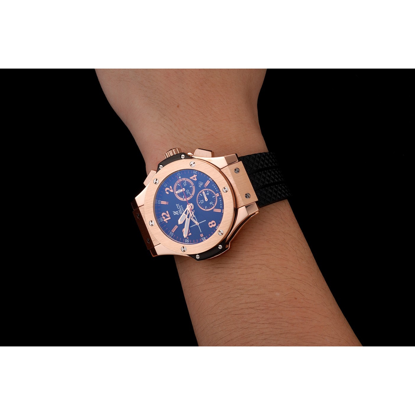 MiroTime Swiss Hublot Big Bang Black Dial Rose Gold Case Black Rubber Bracelet 1453898