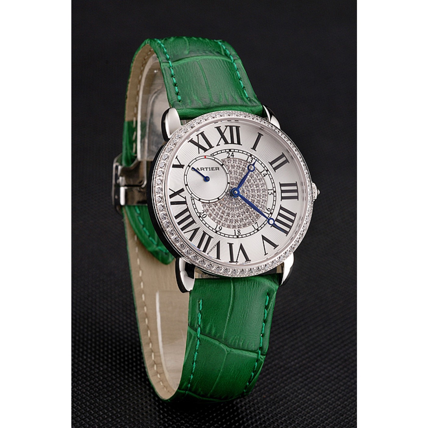 MiroTime Cartier Ronde Louis Silver Diamond Case White Dial Green Leather Bracelet 1454012