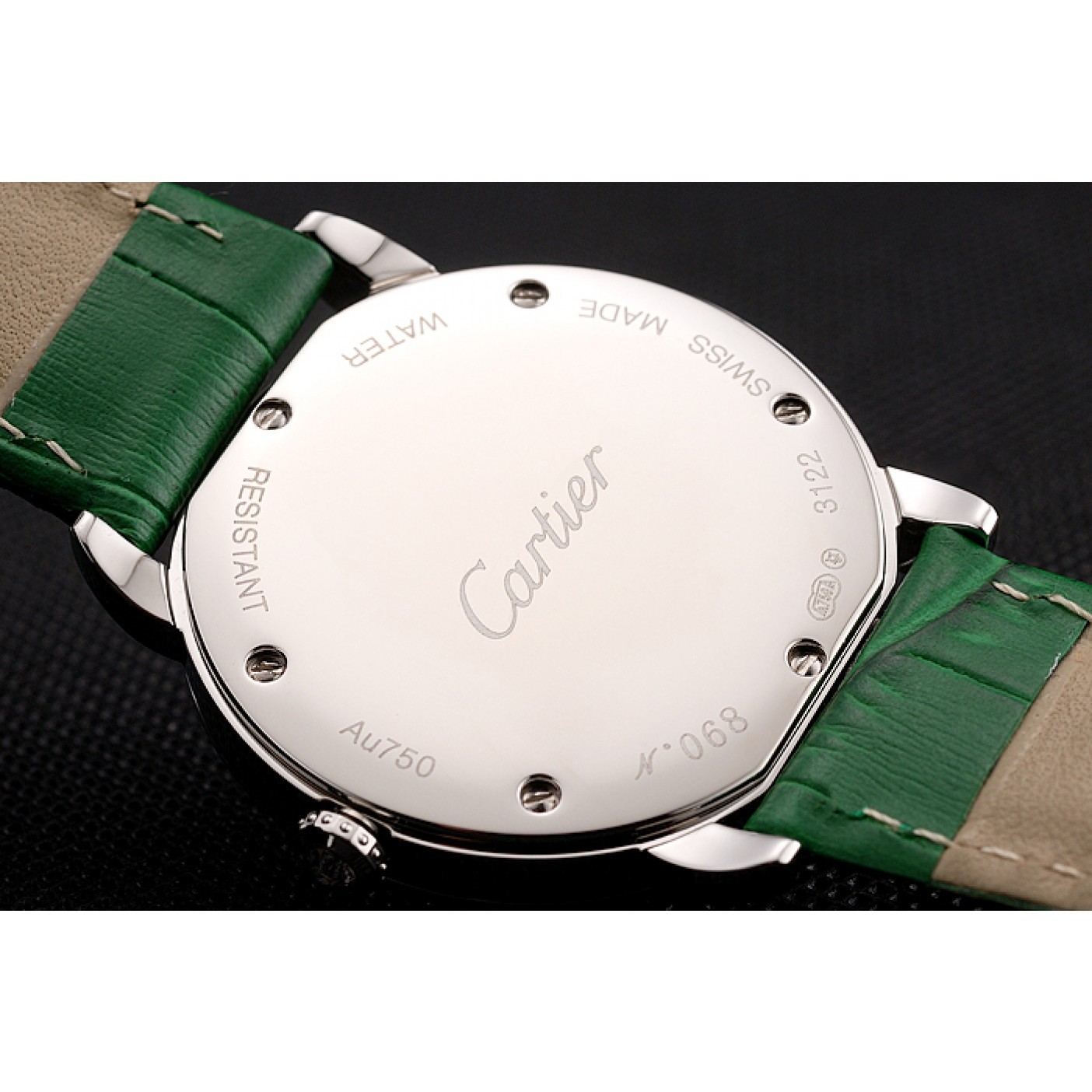MiroTime Cartier Ronde Louis Silver Diamond Case White Dial Green Leather Bracelet 1454012