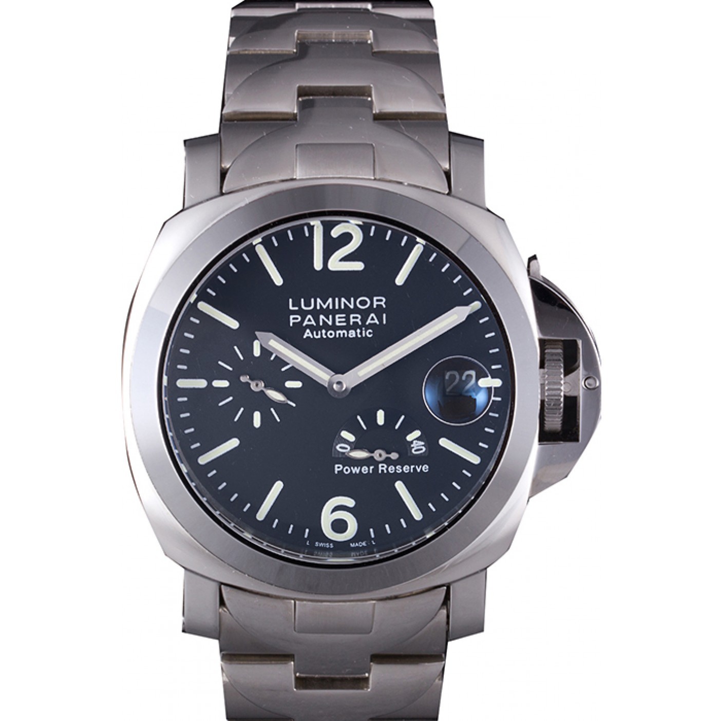 MiroTime Panerai Luminor Power Reserve Black Dial Brushed Stainless Steel Bracelet