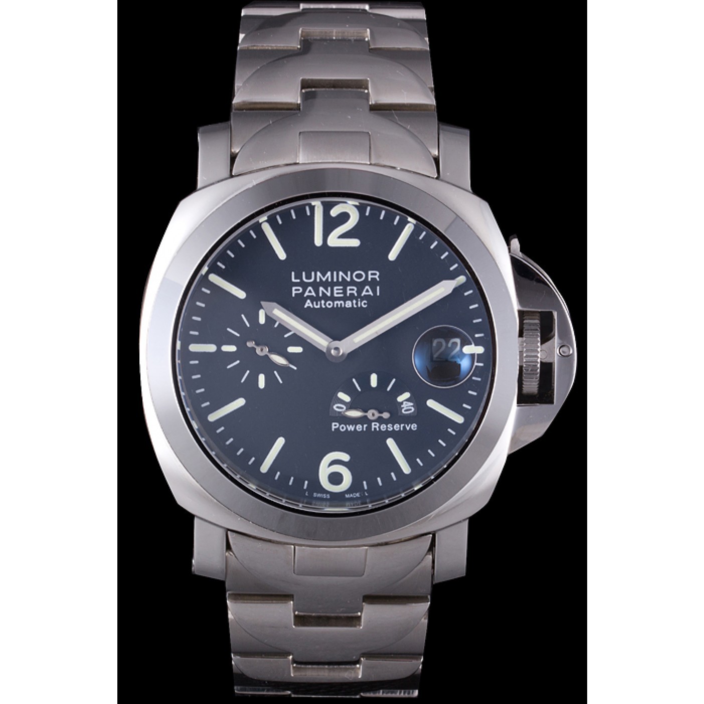 MiroTime Panerai Luminor Power Reserve Black Dial Brushed Stainless Steel Bracelet