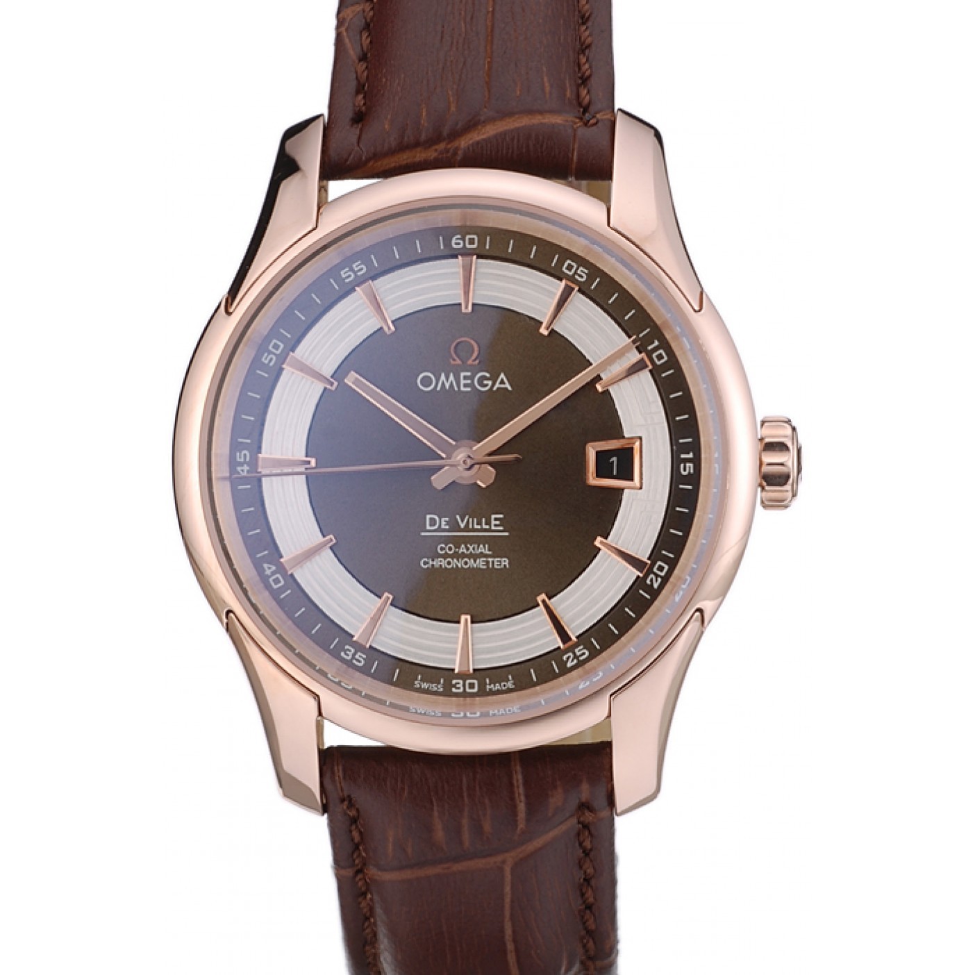 MiroTime Omega Swiss DeVille Rose Gold Bezel Brown Leather Strap 7614