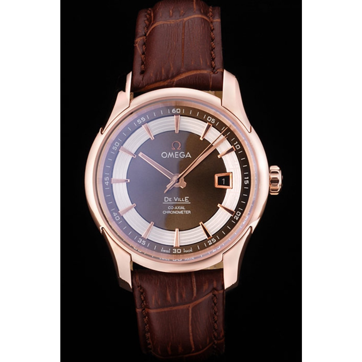 MiroTime Omega Swiss DeVille Rose Gold Bezel Brown Leather Strap 7614