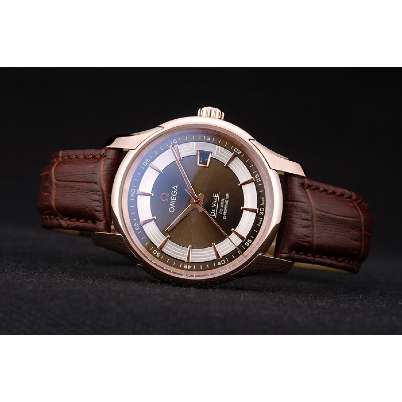 MiroTime Omega Swiss DeVille Rose Gold Bezel Brown Leather Strap 7614