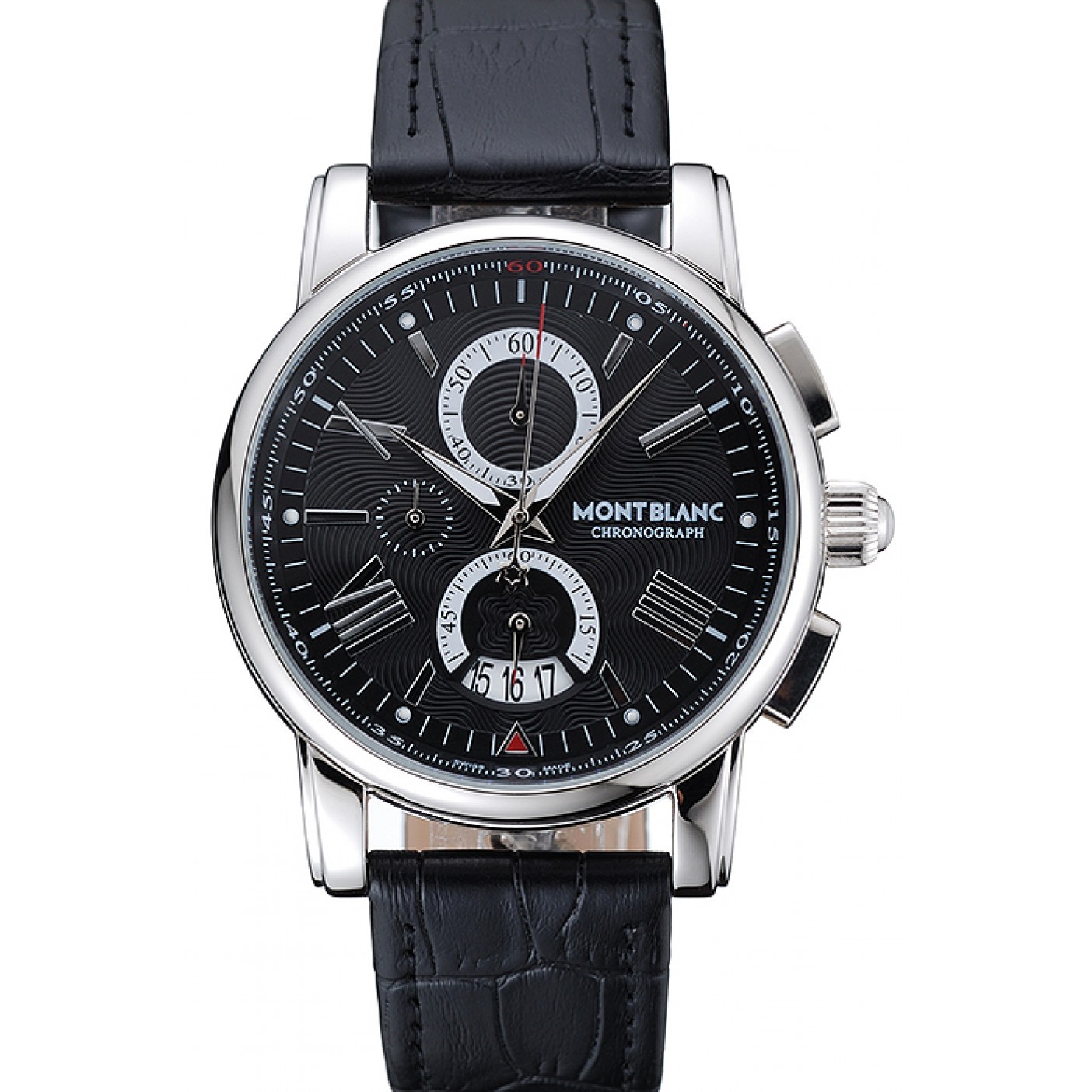 MiroTime Montblanc Chronograph Black Dial Black Leather Bracelet Silver Case 1454111