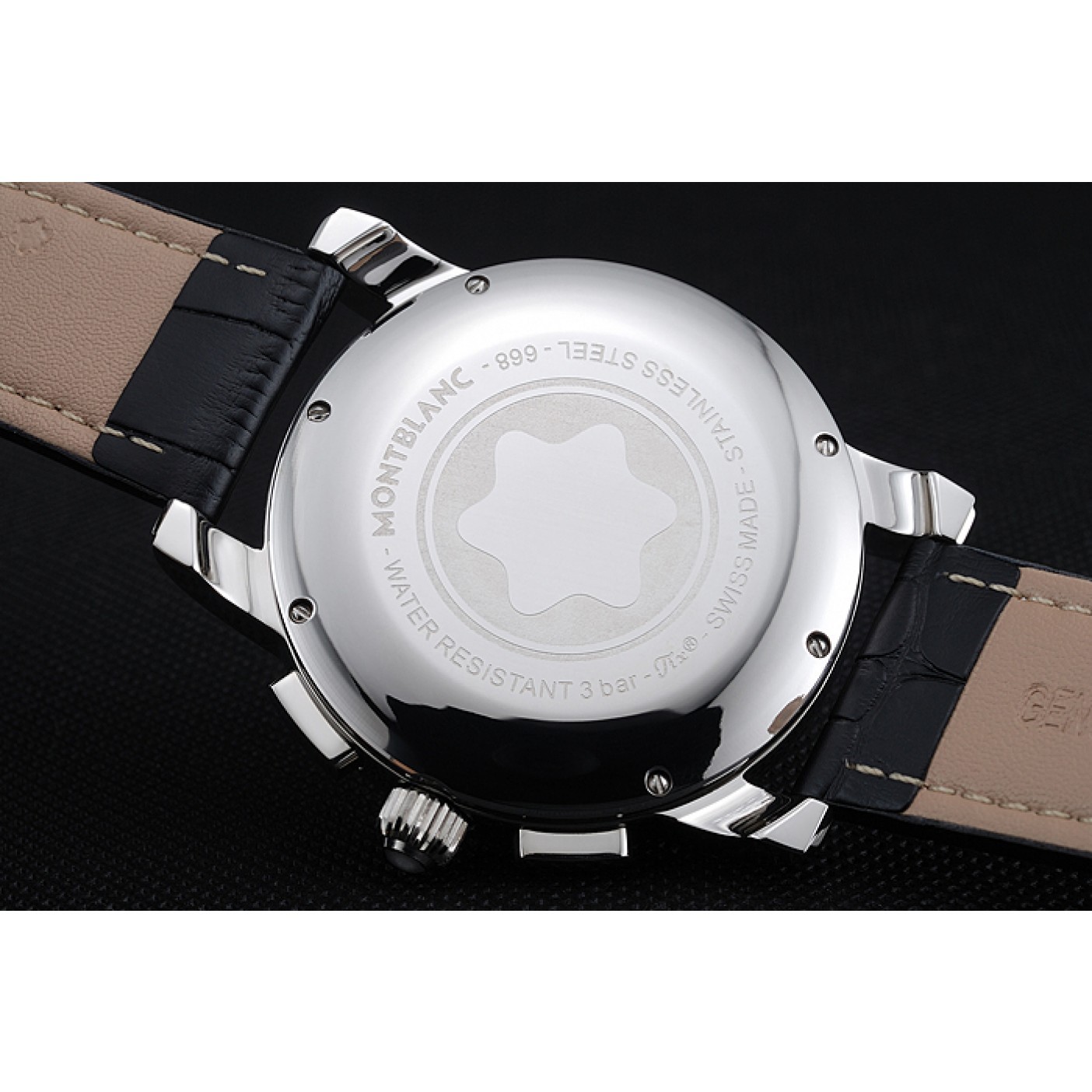 MiroTime Montblanc Chronograph Black Dial Black Leather Bracelet Silver Case 1454111
