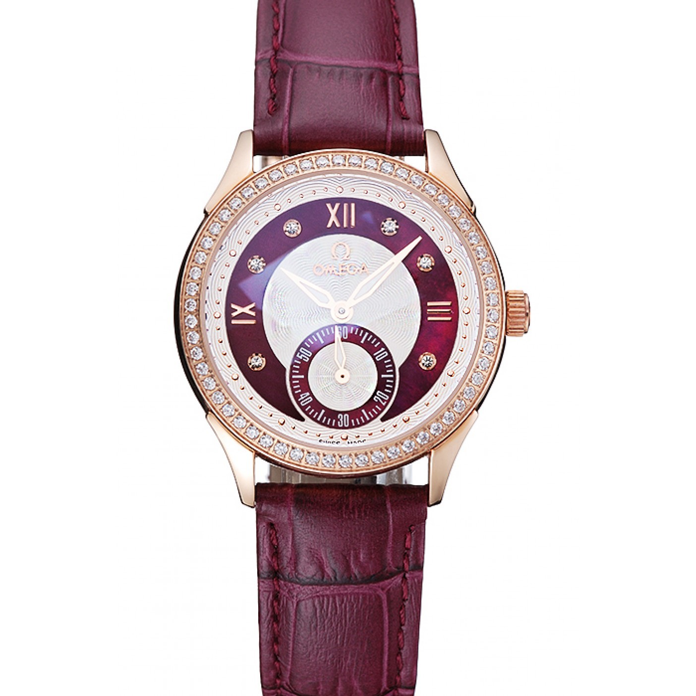 MiroTime Omega DeVille Prestige Dark Red Dial Gold Diamond Case Dark Red Leather Bracelet 1454125